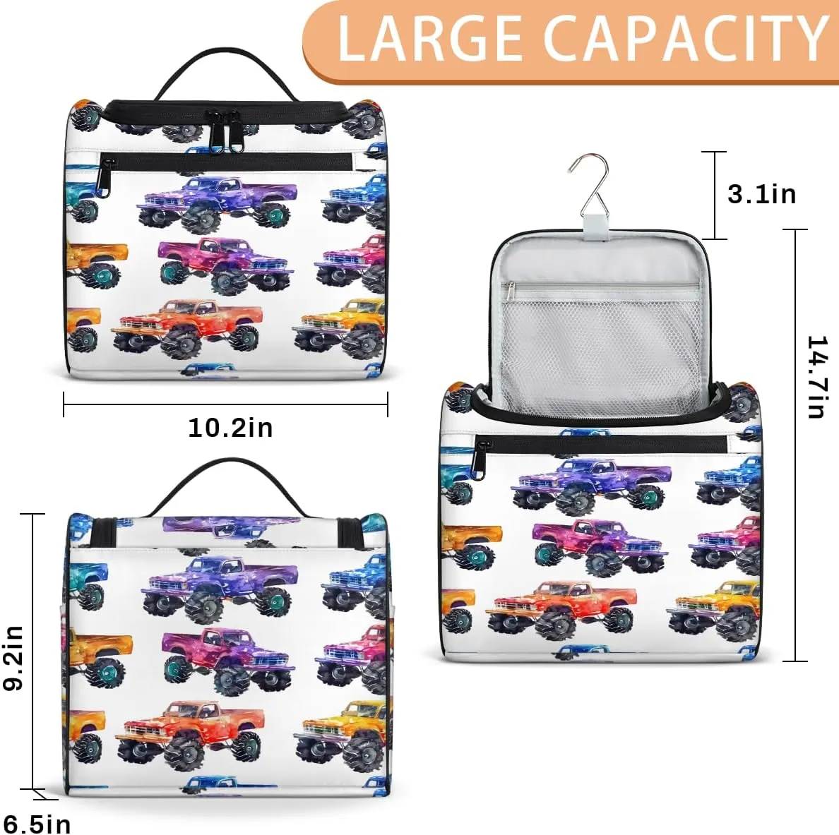 Monster Trucks Travel Toiletry Bag for Women Large Capacity Wide-open Makeup Organizer Cosmetic Travel Bags for Toiletries