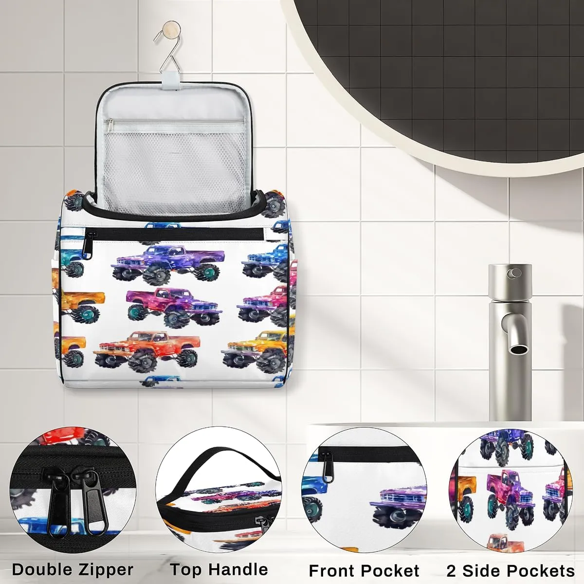 Monster Trucks Travel Toiletry Bag for Women Large Capacity Wide-open Makeup Organizer Cosmetic Travel Bags for Toiletries
