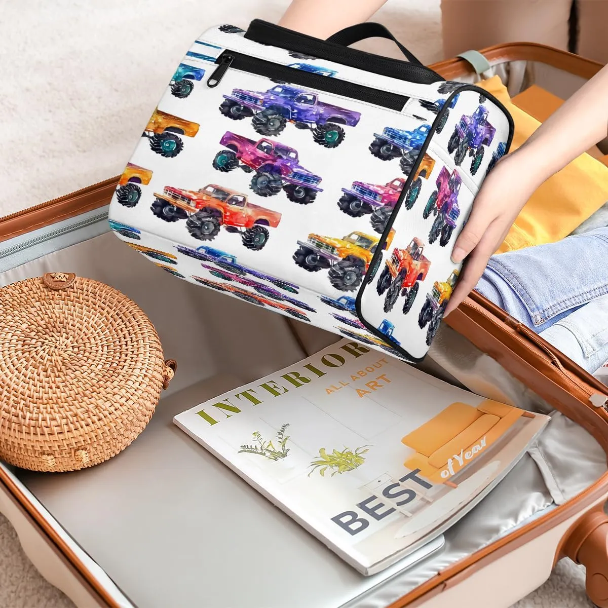 Monster Trucks Travel Toiletry Bag for Women Large Capacity Wide-open Makeup Organizer Cosmetic Travel Bags for Toiletries
