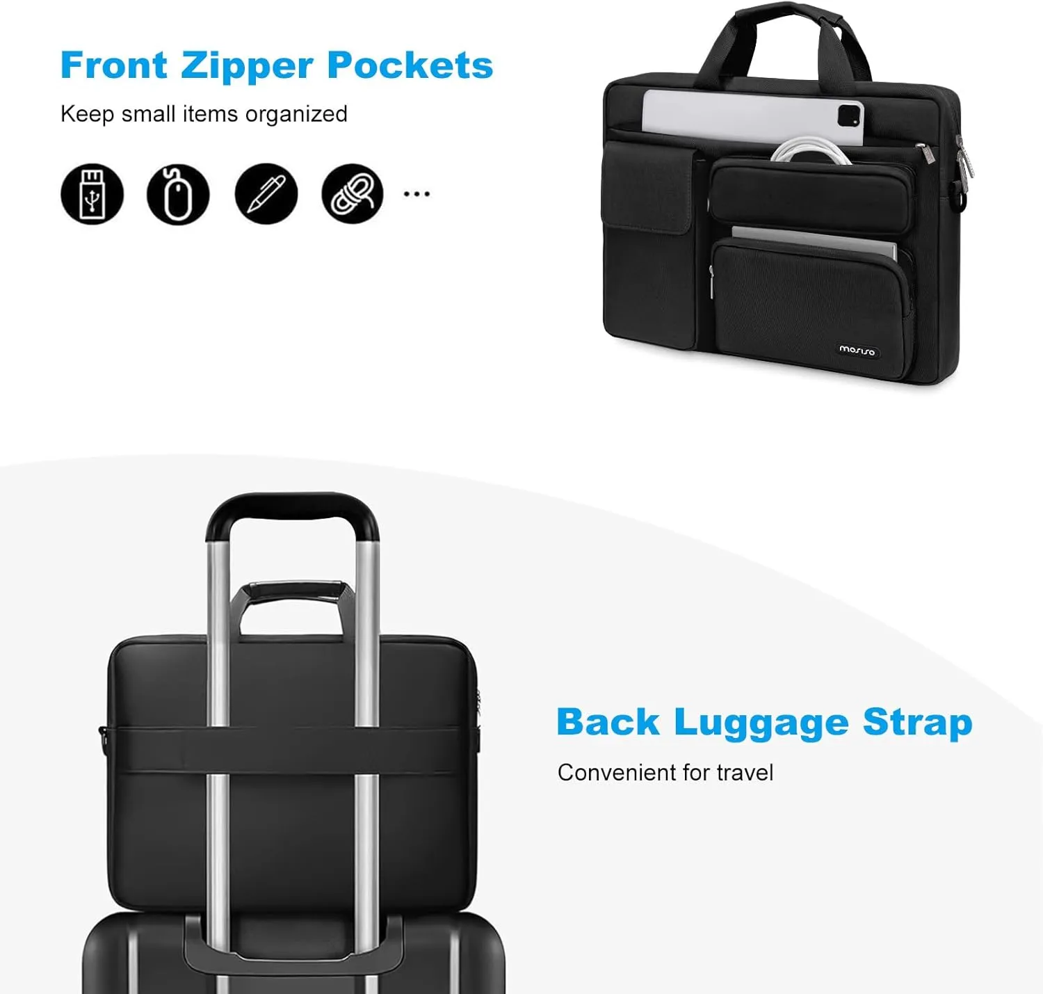 MOSISO Laptop Shoulder Bag Compatible with MacBook Air/Pro,13-13.3 inch Notebook,Compatible with MacBook Pro 14 inch M4 M3 M2 M1 with 2 Raised&1 Flapover&1 Horizontal Pocket&Handle&Belt, Black
