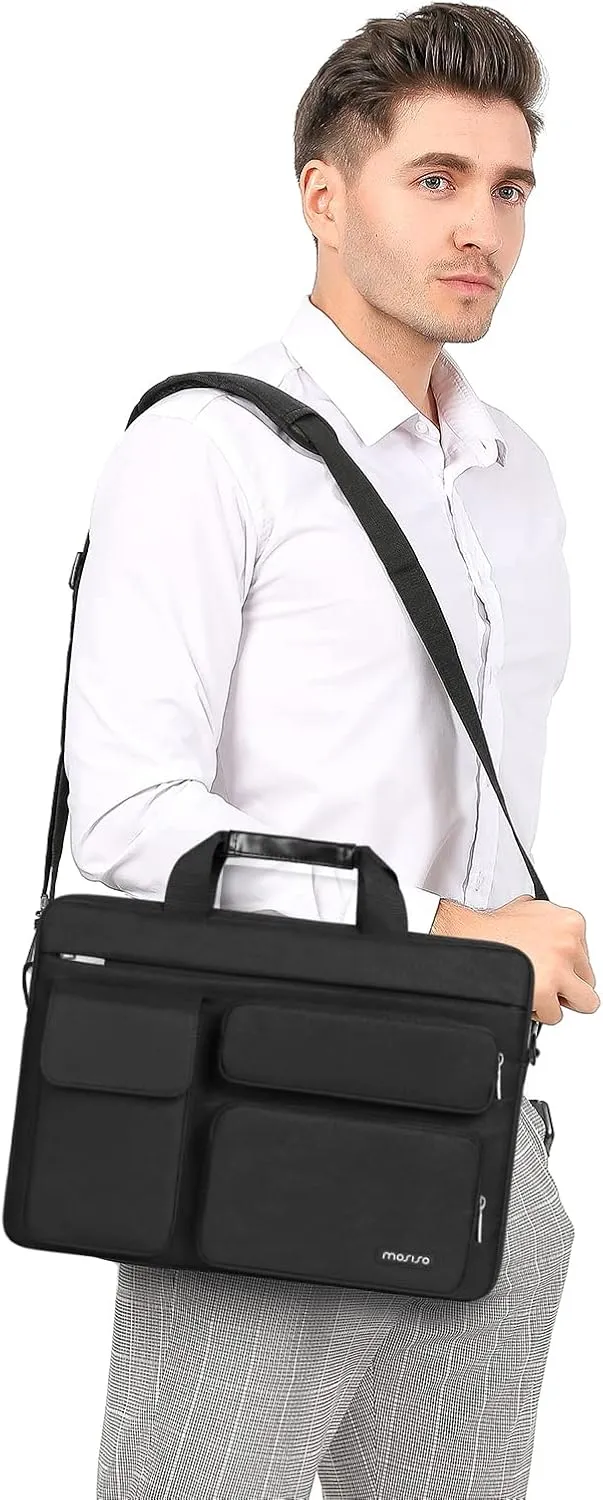 MOSISO Laptop Shoulder Bag Compatible with MacBook Air/Pro,13-13.3 inch Notebook,Compatible with MacBook Pro 14 inch M4 M3 M2 M1 with 2 Raised&1 Flapover&1 Horizontal Pocket&Handle&Belt, Black