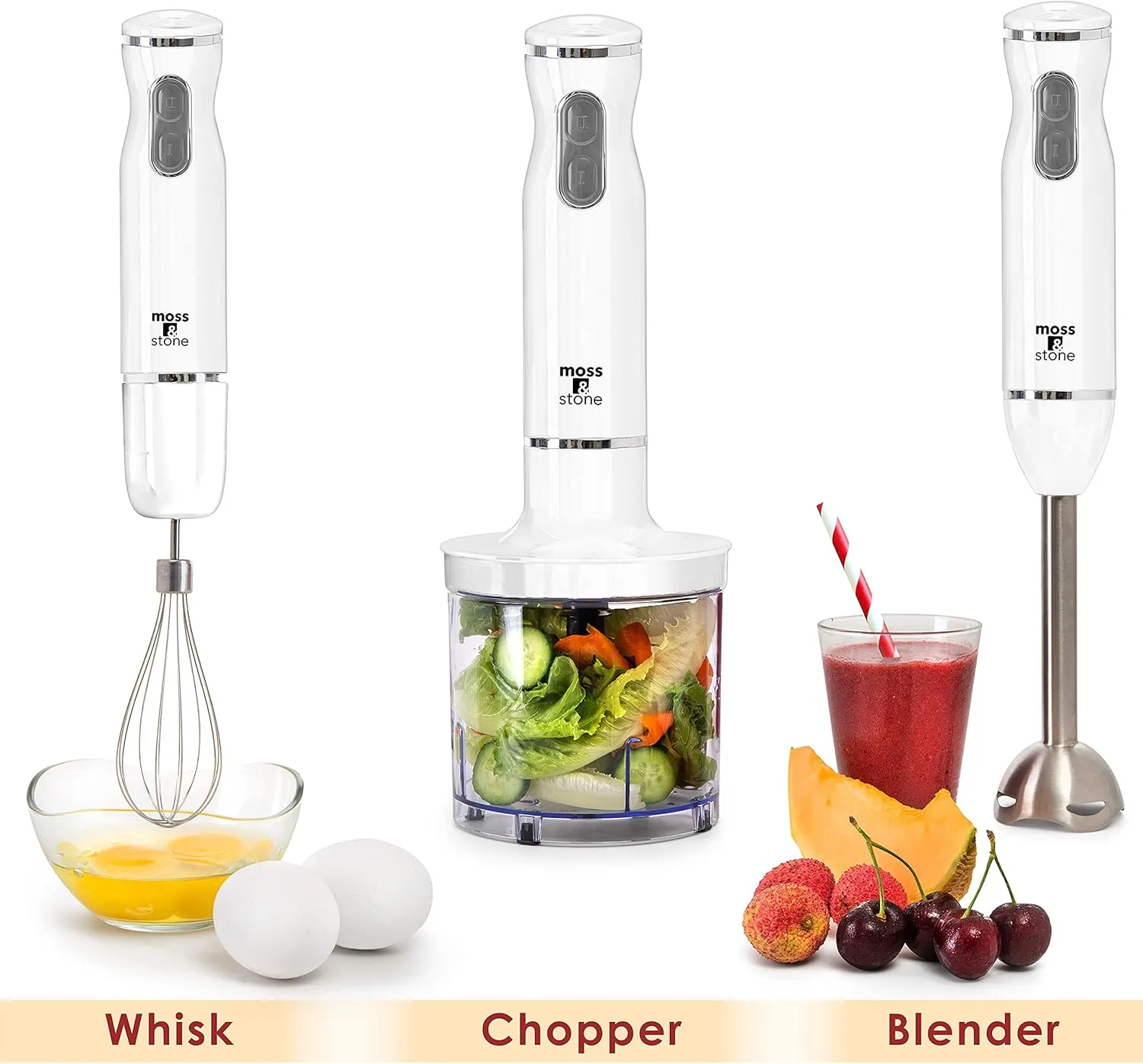 Moss & Stone Hand Blender With Egg Whisk & Chopper, Powerful 300 Watt - Stick Blender, Hand Mixer Set Stainless Steel Shaft & Blades, White Handheld Blender With Ergonomic Handle