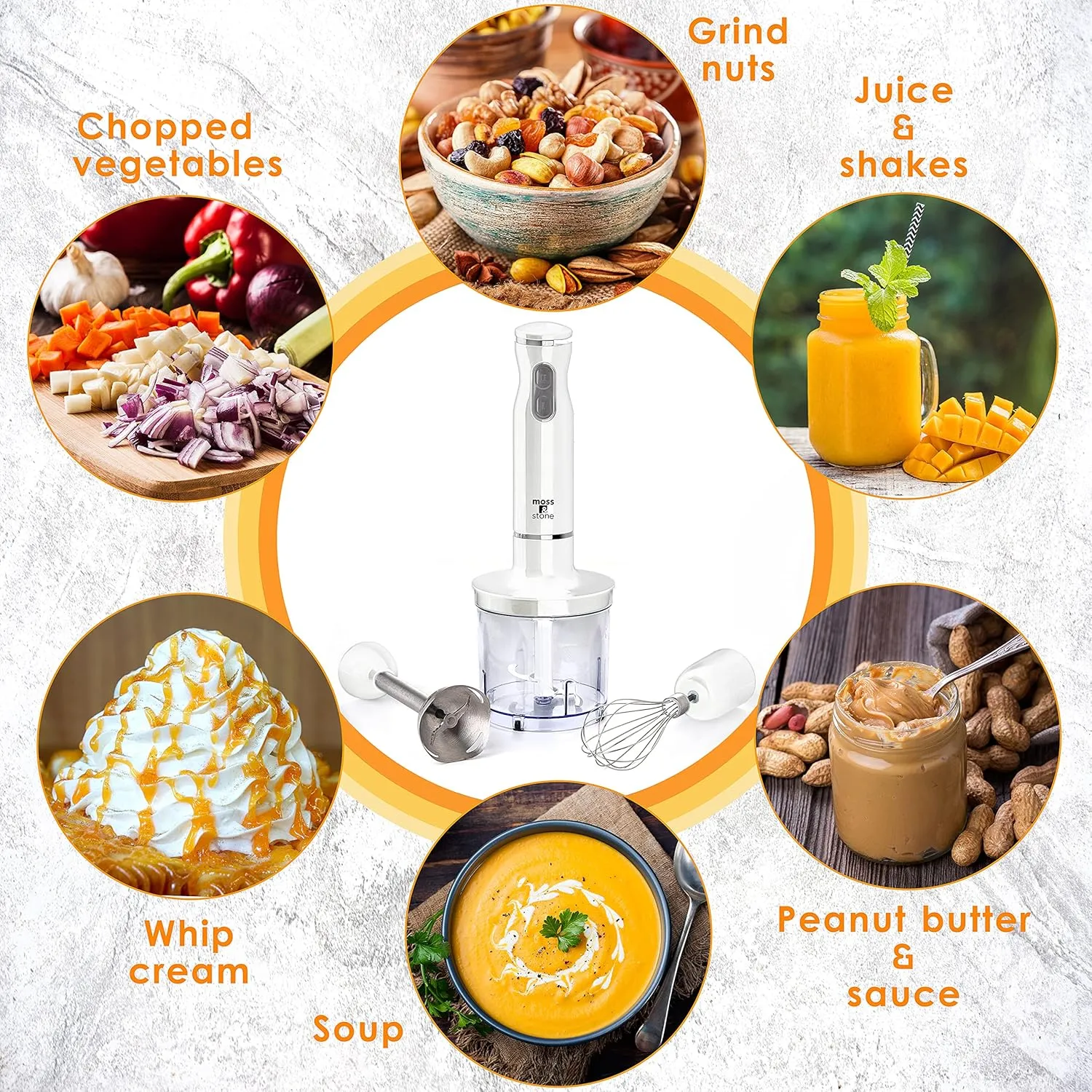 Moss & Stone Hand Blender With Egg Whisk & Chopper, Powerful 300 Watt - Stick Blender, Hand Mixer Set Stainless Steel Shaft & Blades, White Handheld Blender With Ergonomic Handle