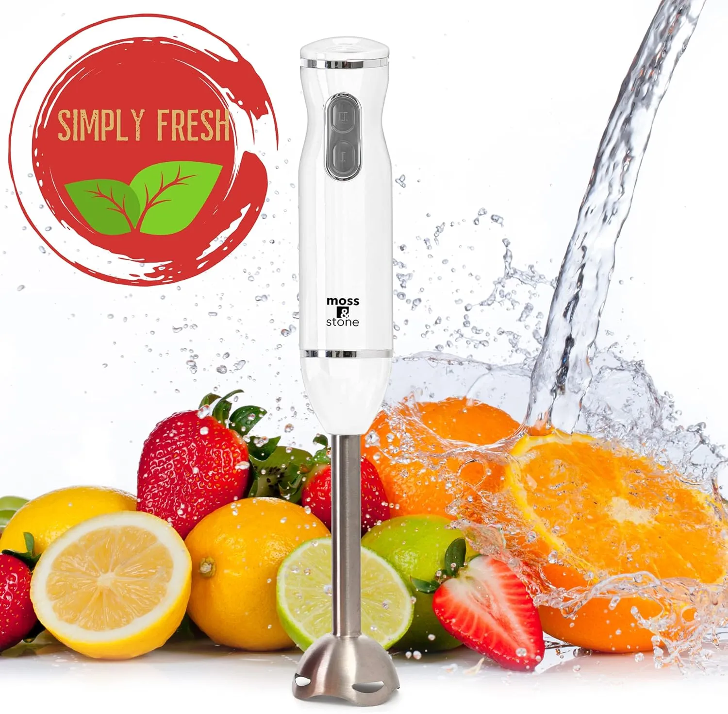 Moss & Stone Hand Blender With Egg Whisk & Chopper, Powerful 300 Watt - Stick Blender, Hand Mixer Set Stainless Steel Shaft & Blades, White Handheld Blender With Ergonomic Handle