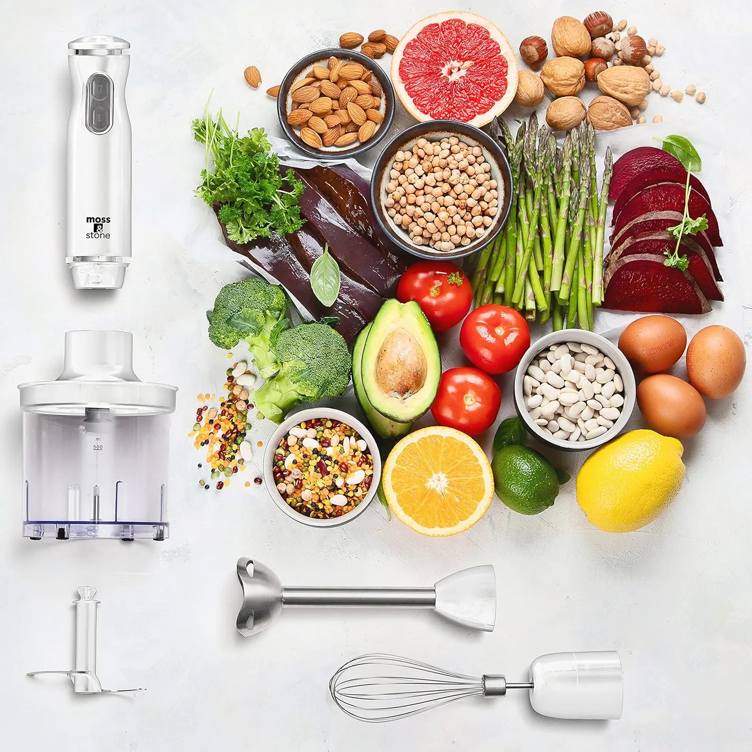 Moss & Stone Hand Blender With Egg Whisk & Chopper, Powerful 300 Watt - Stick Blender, Hand Mixer Set Stainless Steel Shaft & Blades, White Handheld Blender With Ergonomic Handle