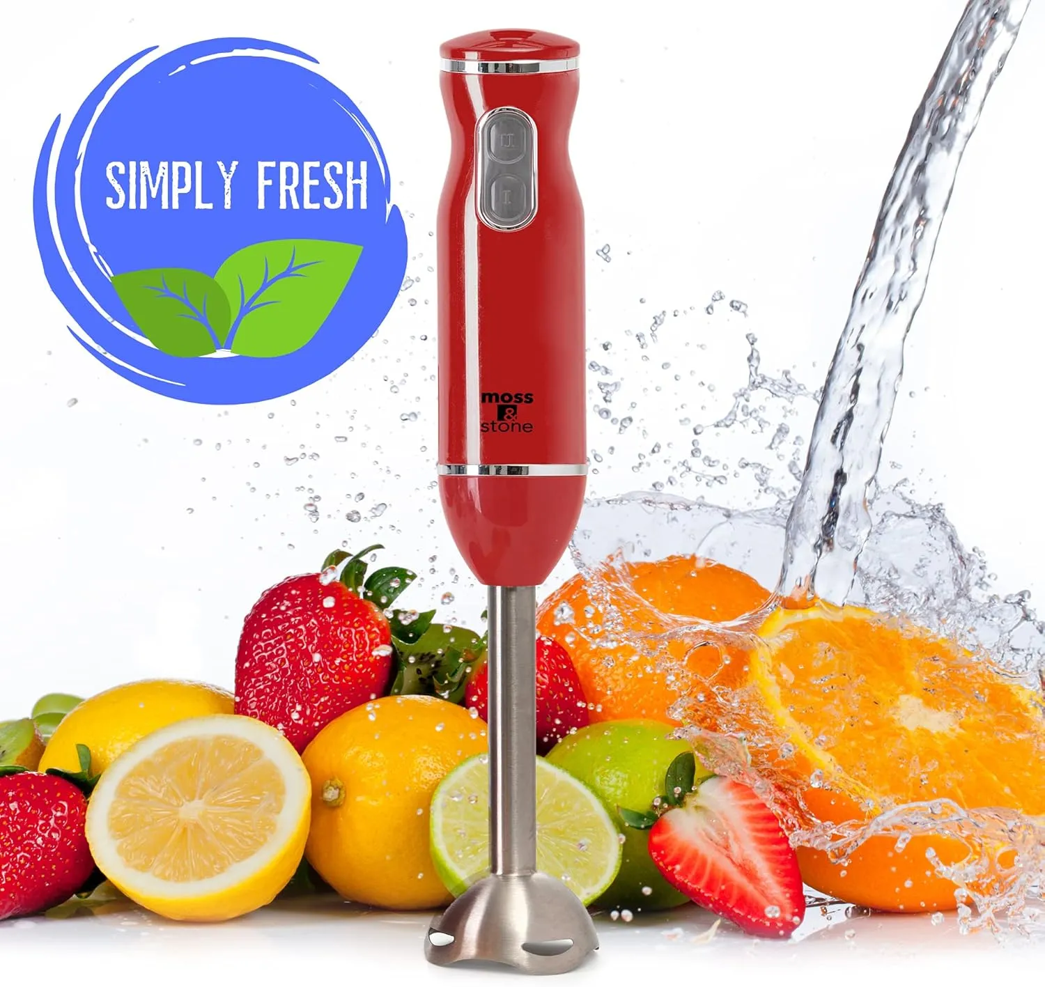 Moss & Stone Red Hand Blender Electric With Egg Whisk & Chopper, Powerful 300 Watt Immersion Hand Blender, Hand Mixer Set Stainless Steel Shaft & Blades, Red Handheld Blender With Ergonomic Handle