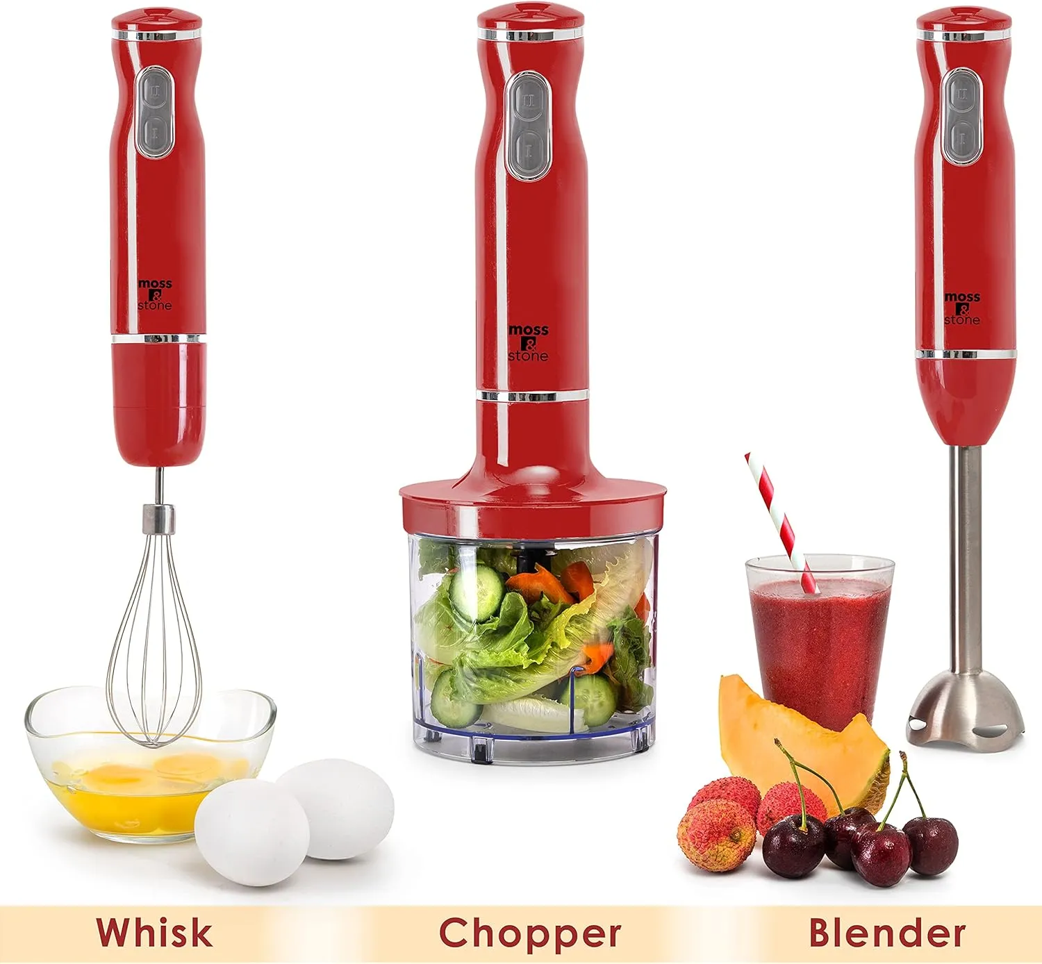 Moss & Stone Red Hand Blender Electric With Egg Whisk & Chopper, Powerful 300 Watt Immersion Hand Blender, Hand Mixer Set Stainless Steel Shaft & Blades, Red Handheld Blender With Ergonomic Handle