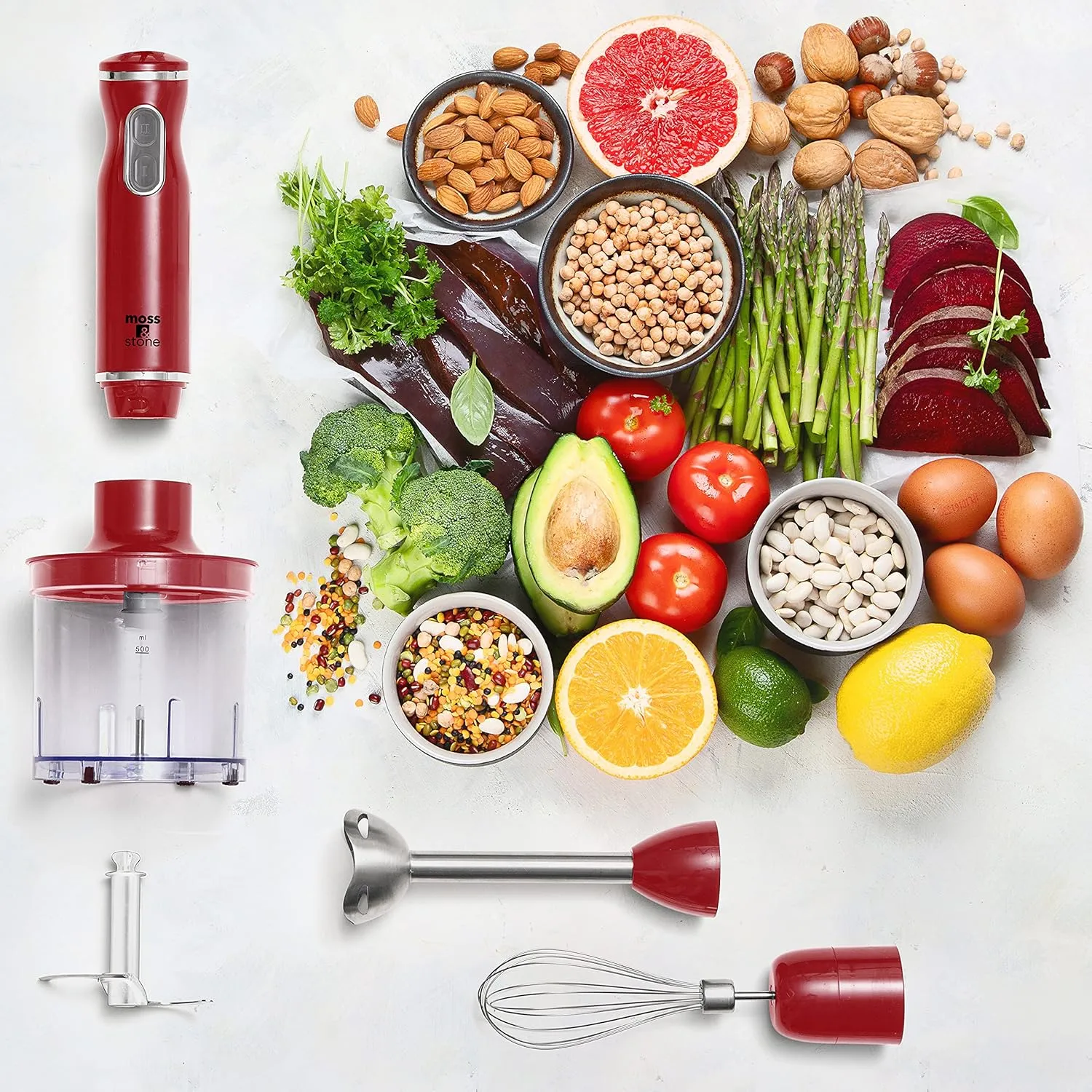 Moss & Stone Red Hand Blender Electric With Egg Whisk & Chopper, Powerful 300 Watt Immersion Hand Blender, Hand Mixer Set Stainless Steel Shaft & Blades, Red Handheld Blender With Ergonomic Handle