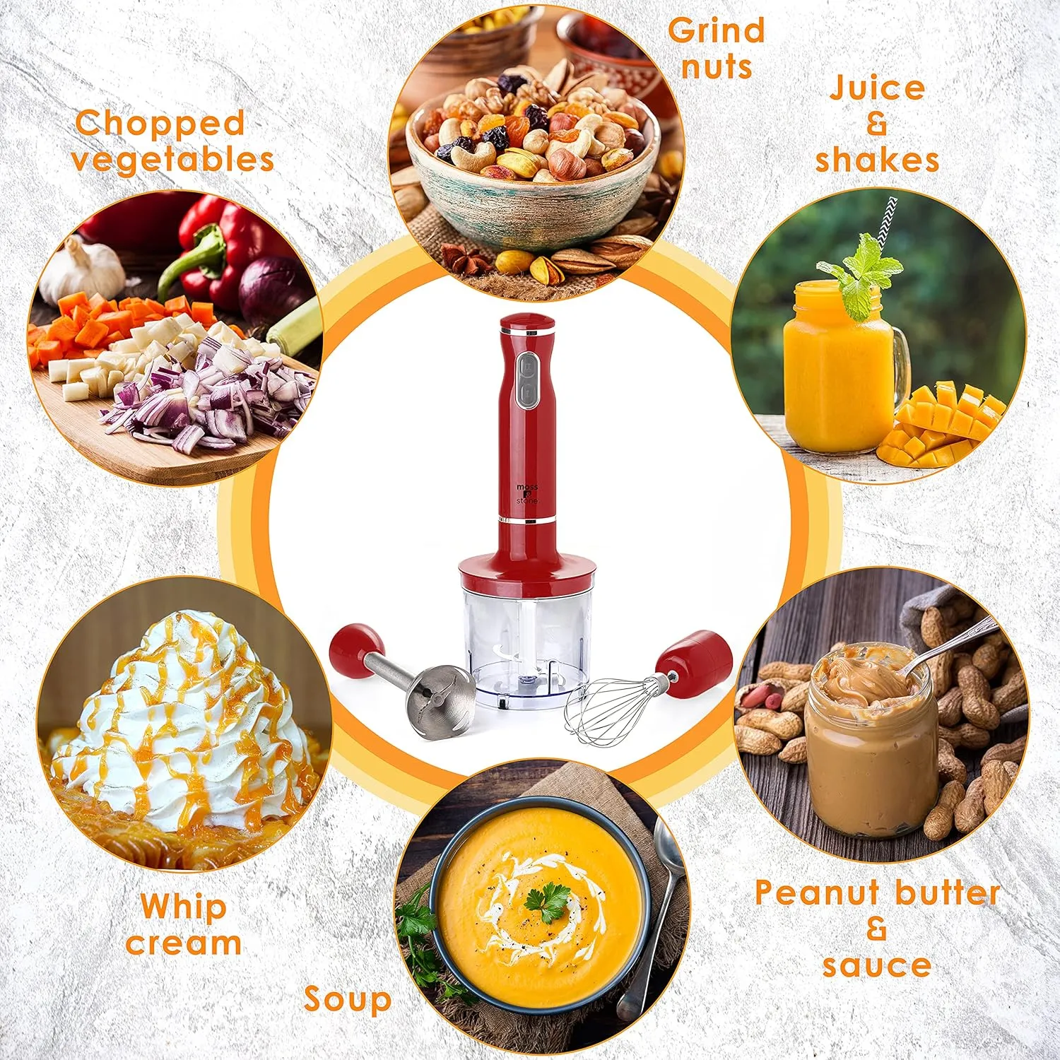 Moss & Stone Red Hand Blender Electric With Egg Whisk & Chopper, Powerful 300 Watt Immersion Hand Blender, Hand Mixer Set Stainless Steel Shaft & Blades, Red Handheld Blender With Ergonomic Handle
