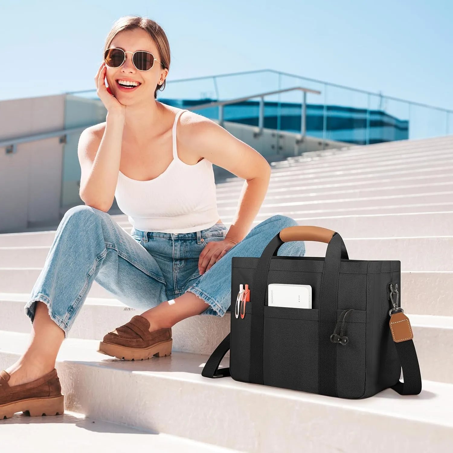 Mossio Large Canvas Tote Bag for Women with Multi Pockets - Laptop Crossbody Shoulder Handbag Everyday Tote with Compartments
