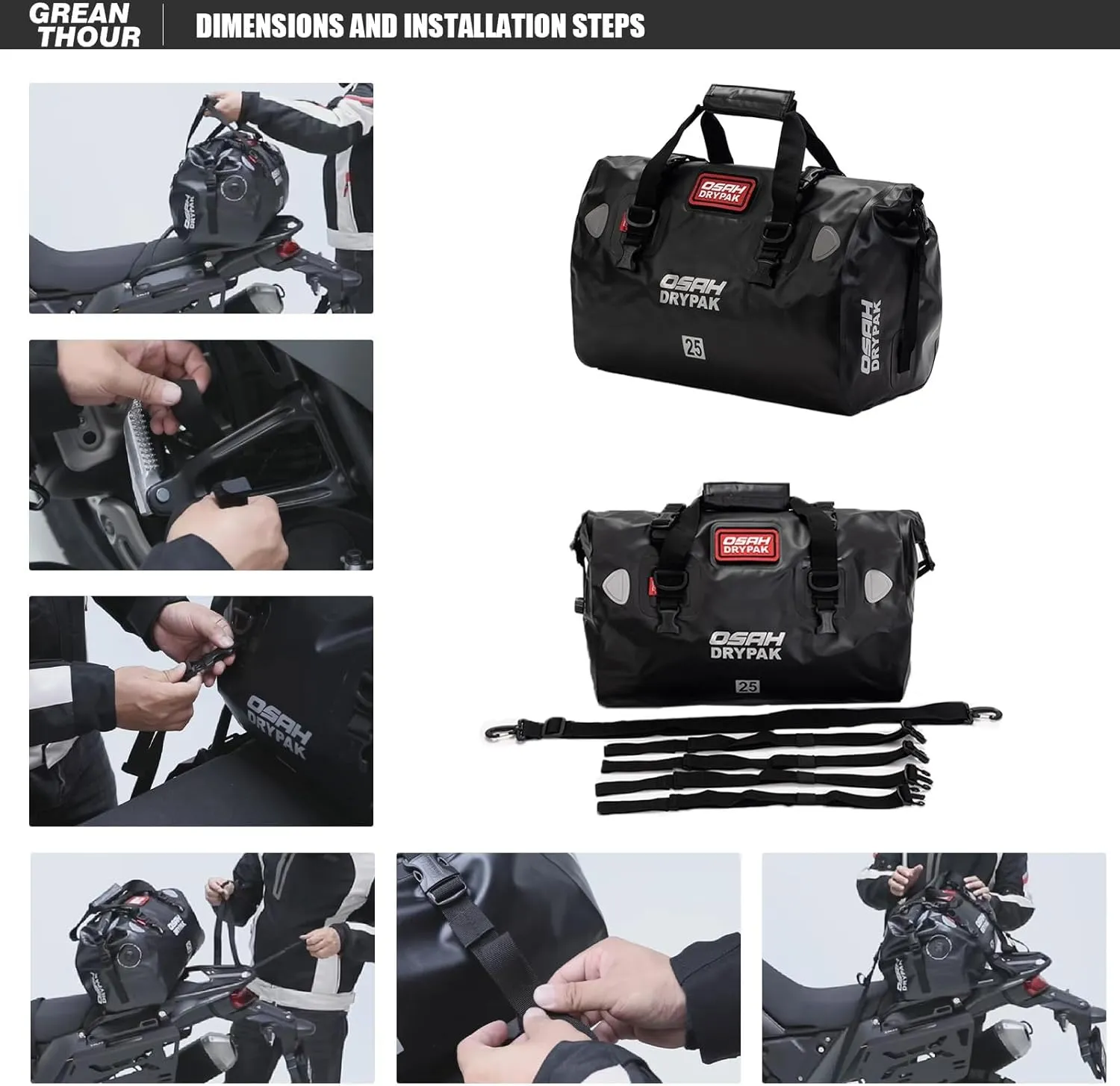 Motorcycle Dry Bag - Waterproof Motorcycle Duffle & Luggage Tail Bag Saddle Bags with Roll Top Closure, Large Storage Space，for Motorcycle Back Seat(SkyBlack, 25L)