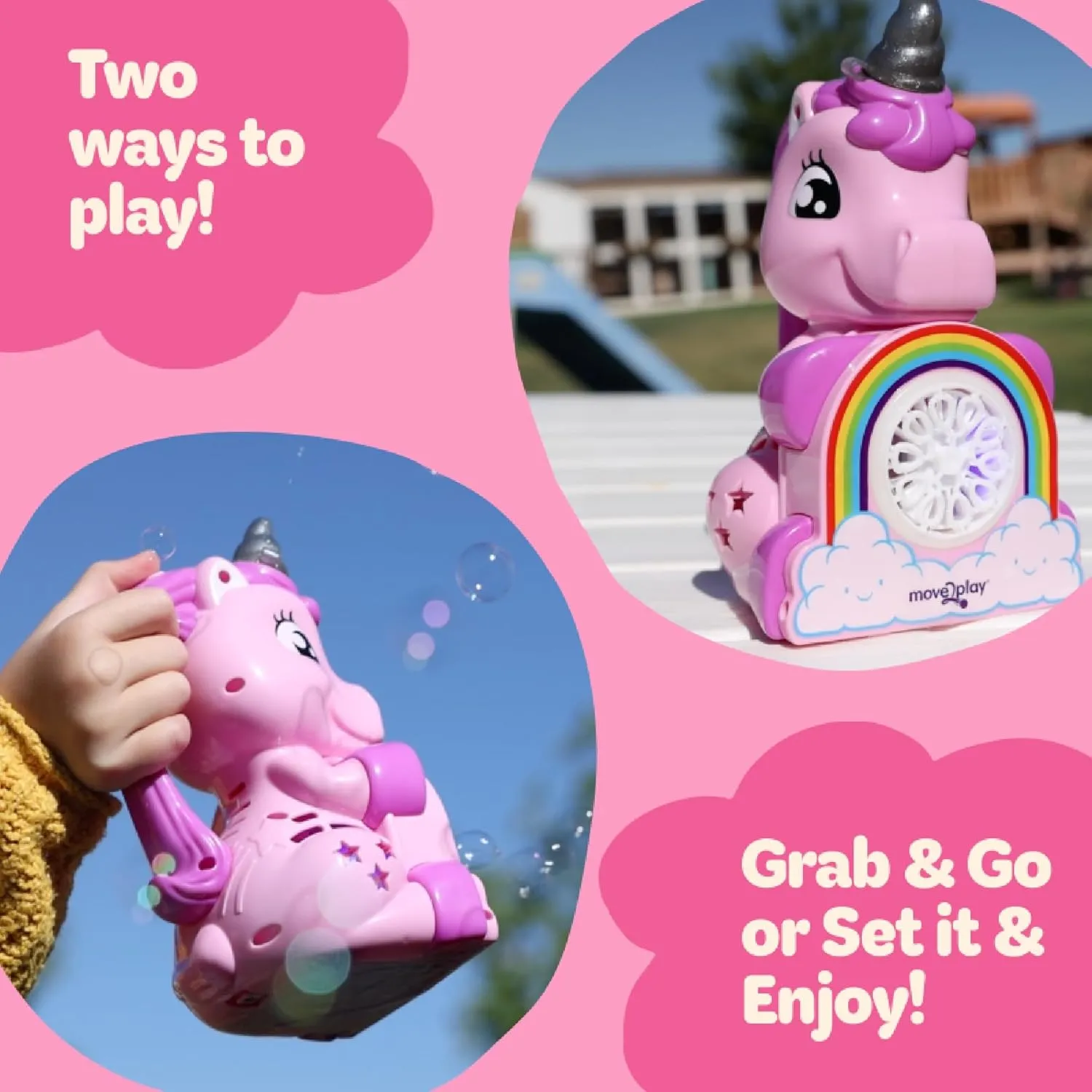 Move2Play, Unicorn Bubble Blower | Basket Stuffer | Bubble Machine | Toy for Toddlers, Boys and Girls | Indoor & Outdoor | Birthday Party | Summer Fun | Gift for Girl 1, 2, 3, 4  Years Old