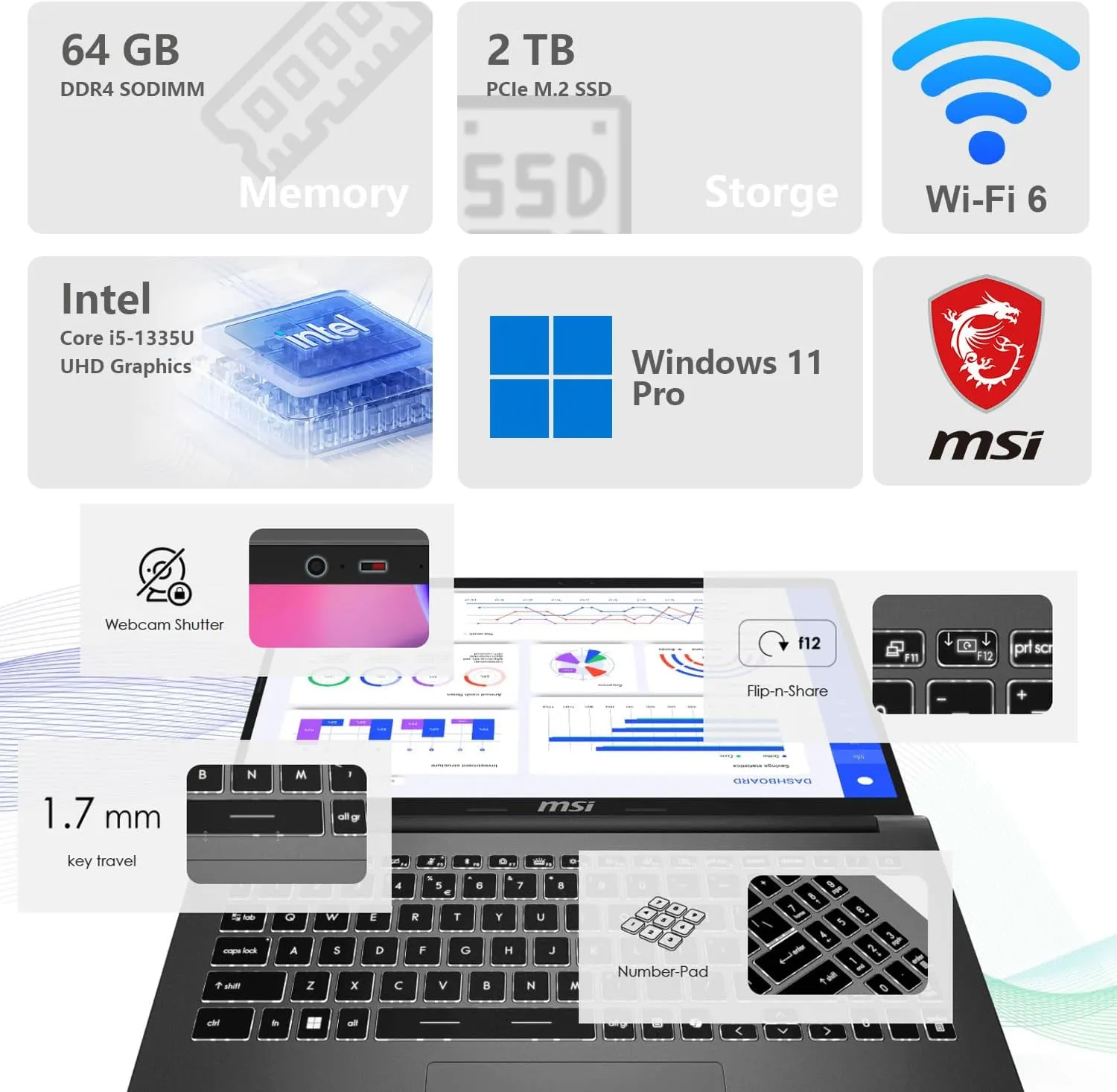 MSI Modern Pro 15 F13MG AI Laptop with Copilot Assistant, 15.6" FHD, Intel i5-1335U, 16GB RAM, 512GB SSD, MicroSD Card Reader, Backlit KB, Bundle with PCO Notebook Folding Radiator, Laptop Cooler