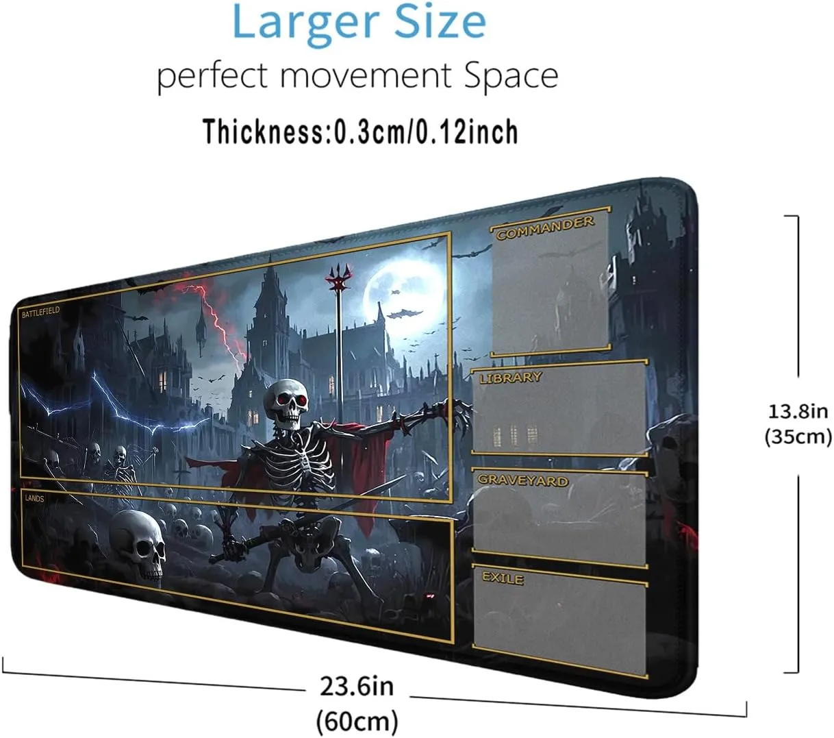 MTG Playmat Stitched Edges, MTG Mat with Zones 24 x 14 inches for MTG DTCG CCG RPG Trading Card Inked Skull Playmats Smooth Rubber Surface Battle Game