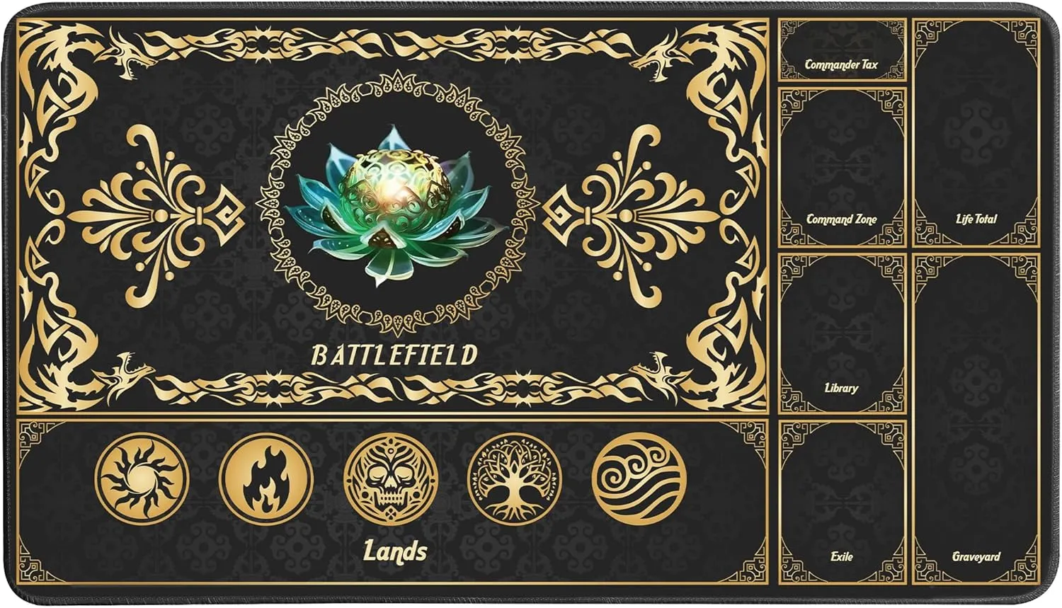MTG Playmat with Magic Zones, 24x14in Playmat for Magic The Gathering, Commander Card Game Battles, Durable & Stain-Resistant Duel Mat for Beginners & Pros, Non-Slip, Soft Surface, Black