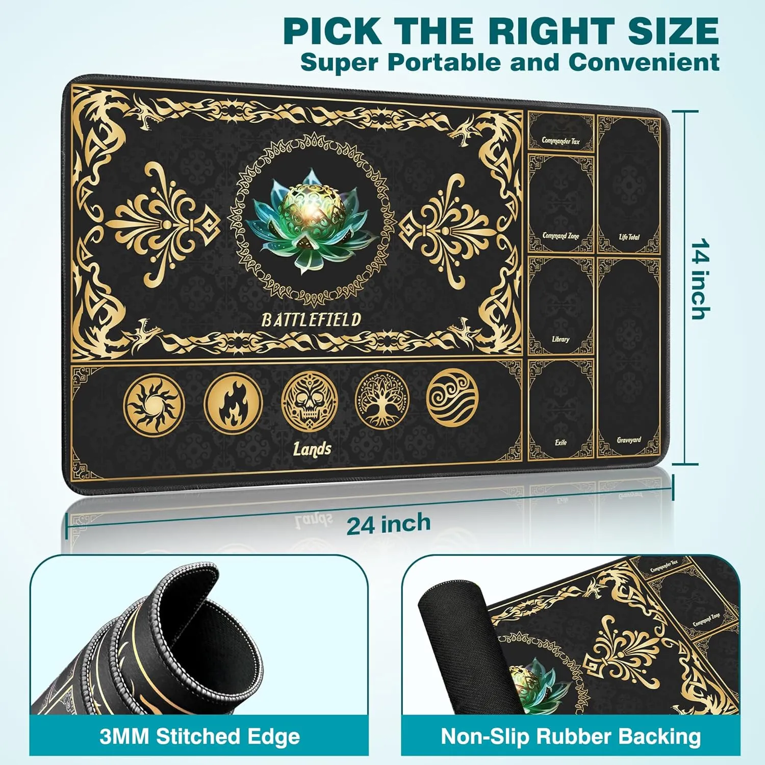 MTG Playmat with Magic Zones, 24x14in Playmat for Magic The Gathering, Commander Card Game Battles, Durable & Stain-Resistant Duel Mat for Beginners & Pros, Non-Slip, Soft Surface, Black