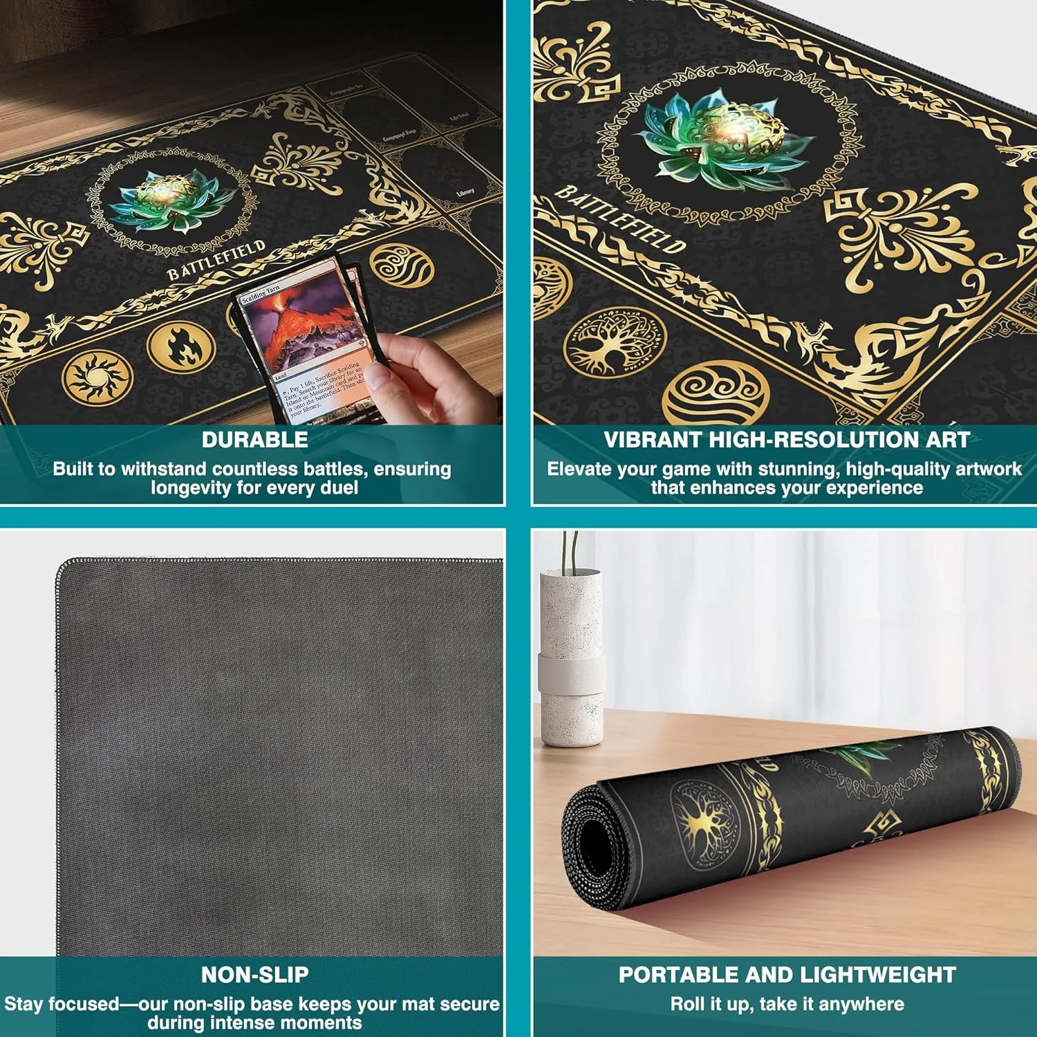 MTG Playmat with Magic Zones, 24x14in Playmat for Magic The Gathering, Commander Card Game Battles, Durable & Stain-Resistant Duel Mat for Beginners & Pros, Non-Slip, Soft Surface, Black