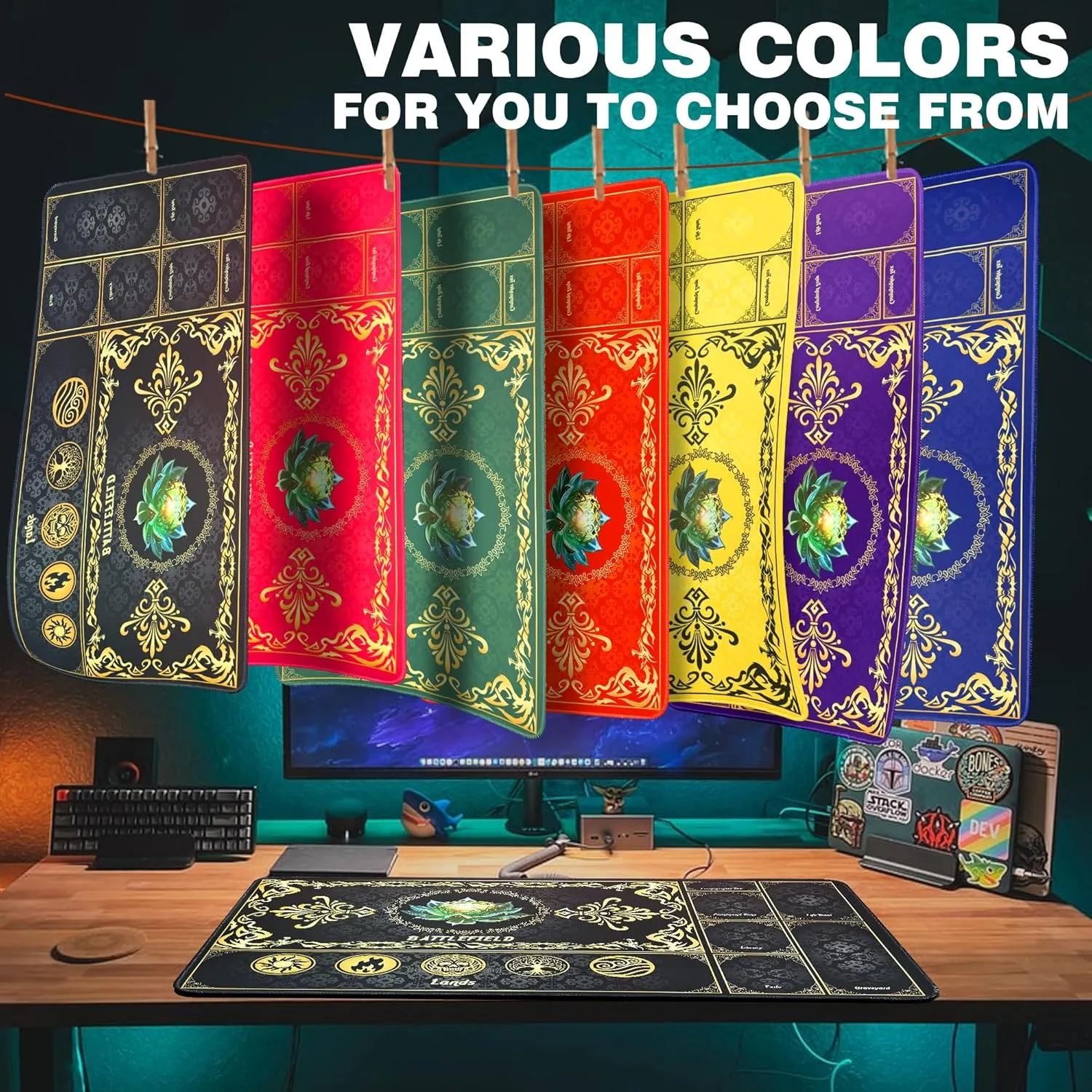 MTG Playmat with Magic Zones, 24x14in Playmat for Magic The Gathering, Commander Card Game Battles, Durable & Stain-Resistant Duel Mat for Beginners & Pros, Non-Slip, Soft Surface, Black