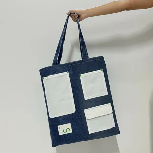 Multi-Pocket Reversible Denim Tote Bag