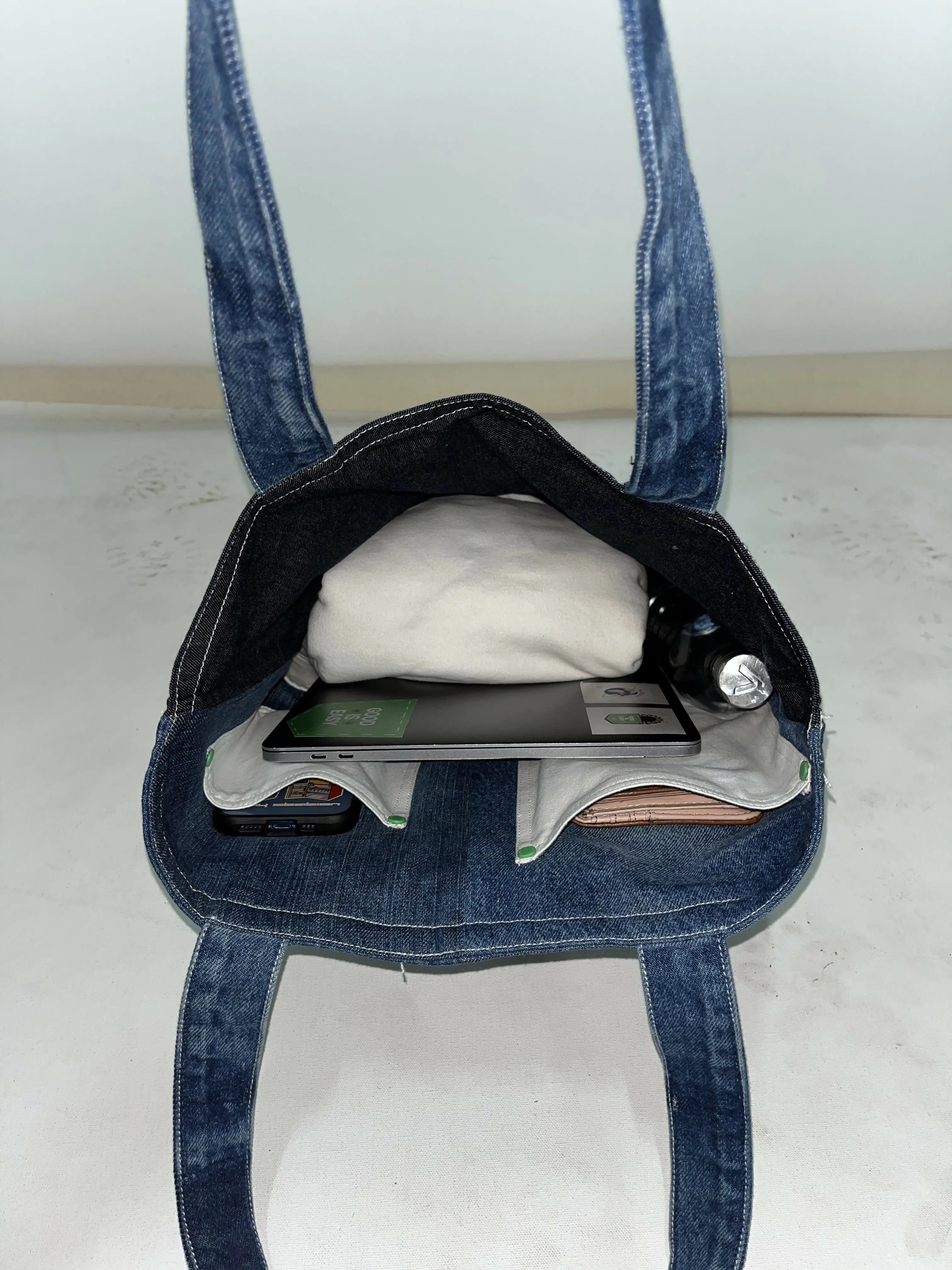 Multi-Pocket Reversible Denim Tote Bag
