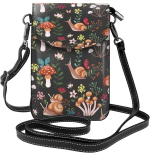 Mushroom With Snails Print Small Crossbody Bags for Women Leather Cell Phone Purses Mini Leather Shoulder Handbag Adjustable Strap