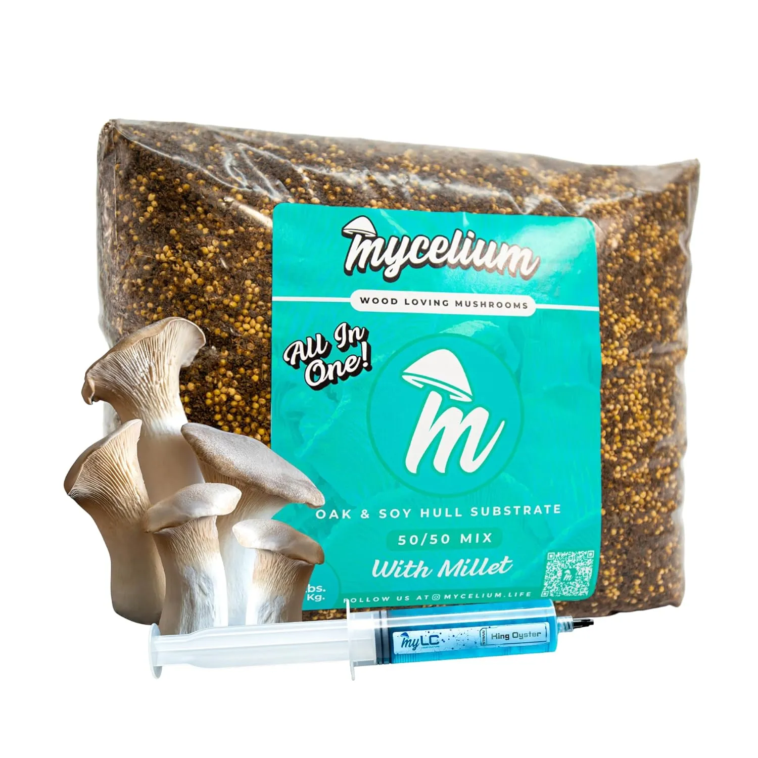 Mycelium Mushroom Growing Kit, King Oyster Gourmet I Oak & Soy Hull Substrate I High Yield Proprietary Mix I Sterile Grow Bag with 20ml Liquid Culture Syringe for Starter & Pro Home Growers, 8lbs