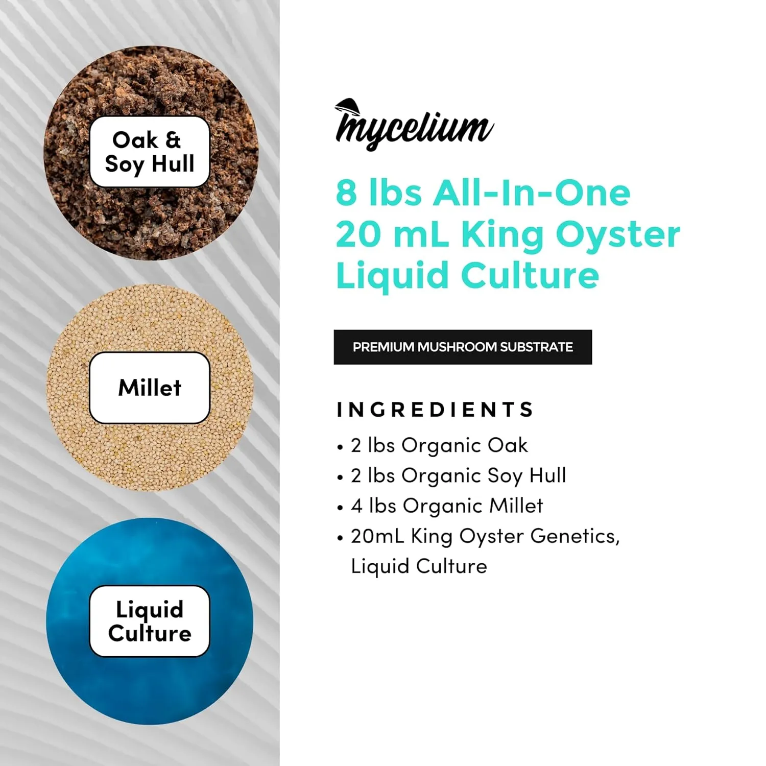 Mycelium Mushroom Growing Kit, King Oyster Gourmet I Oak & Soy Hull Substrate I High Yield Proprietary Mix I Sterile Grow Bag with 20ml Liquid Culture Syringe for Starter & Pro Home Growers, 8lbs