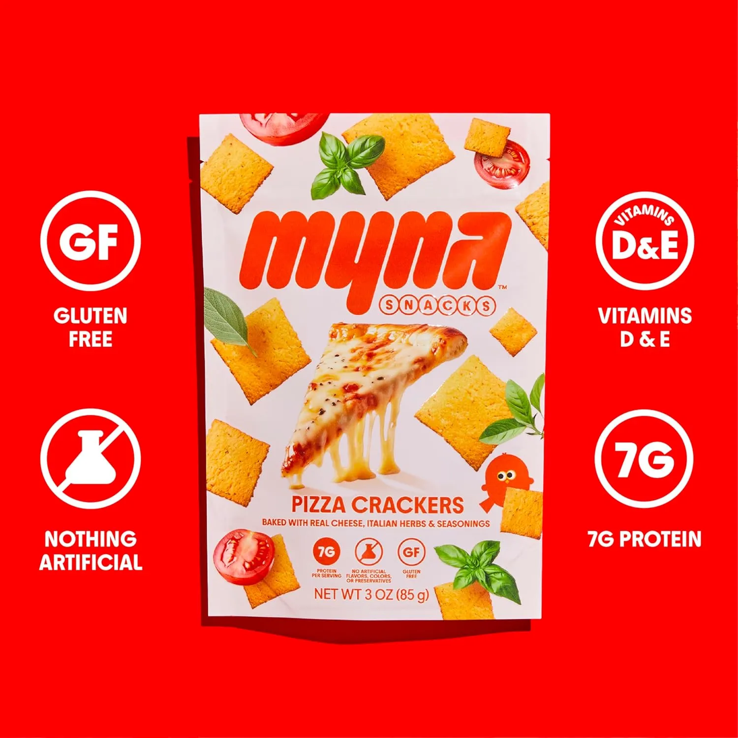 Myna Pizza Crackers - Grain Free and Gluten Free Cheese Crackers with 7G of Protein - Pizza Bite Snacks made with Almond Flour and Real Cheese - Low Net Carb (3G), 2G of Fiber - 12 oz (Pack of Four, 3 oz Bags)