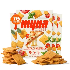 Myna Pizza Crackers - Grain Free and Gluten Free Cheese Crackers with 7G of Protein - Pizza Bite Snacks made with Almond Flour and Real Cheese - Low Net Carb (3G), 2G of Fiber - 12 oz (Pack of Four, 3 oz Bags)