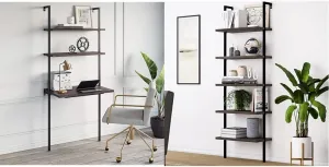 Nathan James Theo 2-Shelf Industrial Wall Mount Ladder Table & Theo 5-Shelf Wood Modern Bookcase, Open Wall Mount Ladder Bookshelf with Industrial Metal Frame, Dark Brown Nutmeg/Black