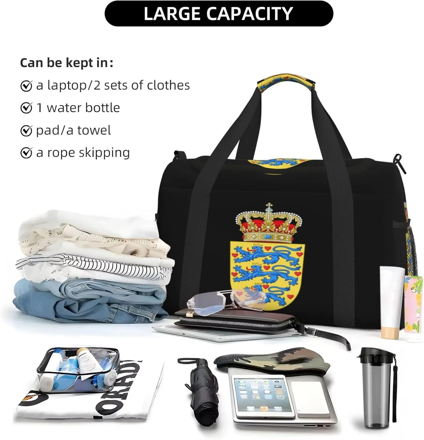 National Emblem Of Danish Travel Duffel Bag Large Foldable Waterproof Overnight Bag For Beach Swim Bags Pool Sports Gym