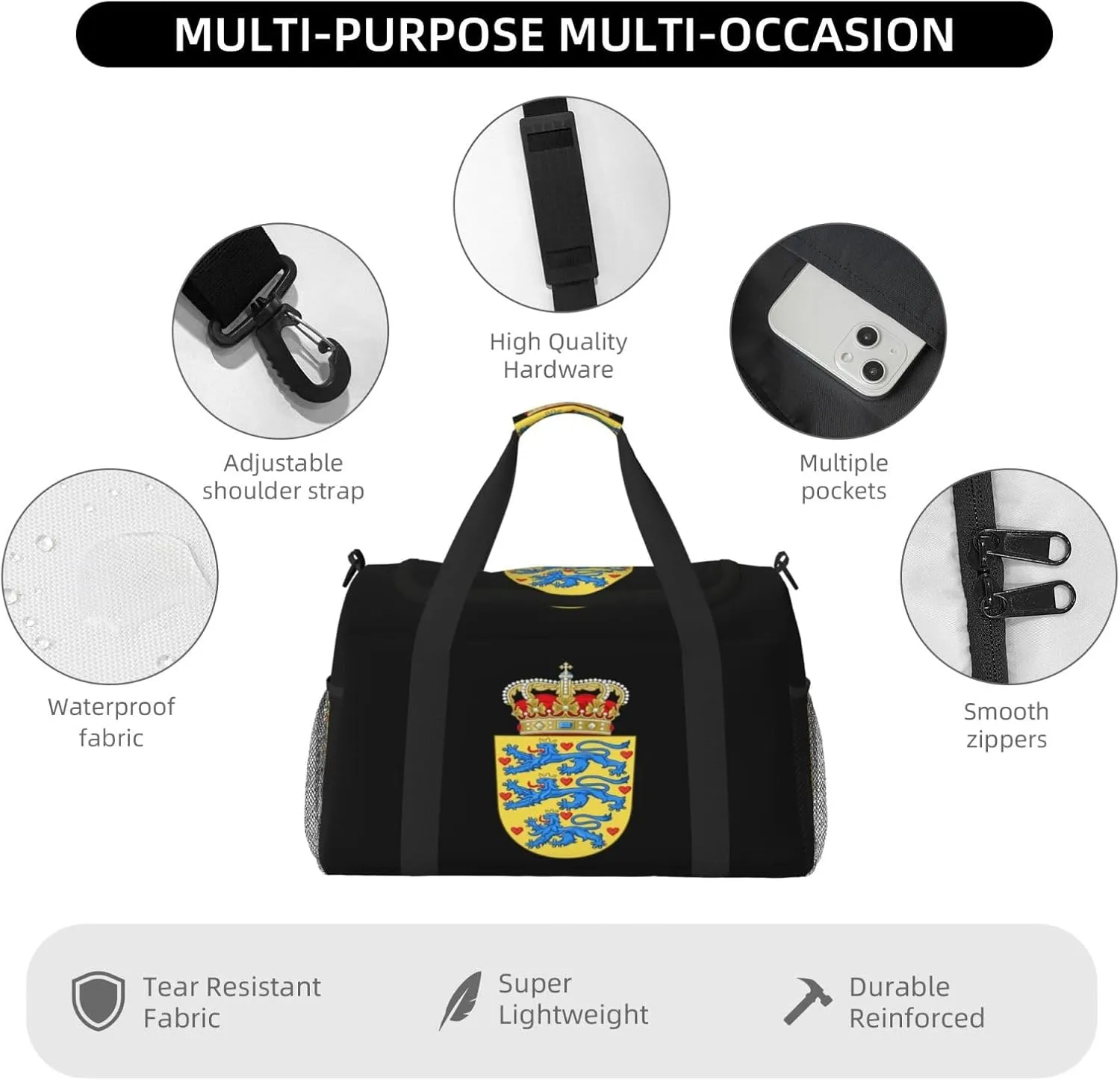National Emblem Of Danish Travel Duffel Bag Large Foldable Waterproof Overnight Bag For Beach Swim Bags Pool Sports Gym