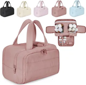 Naturaltly Large Capacity Wide-Open Travel Cosmetic Bag, Humidity Travel Cosmetic Bag, Puffy Cosmetic Makeup Bag Organizer with Handle for women Traveling Cosmetic Bags (Rose)