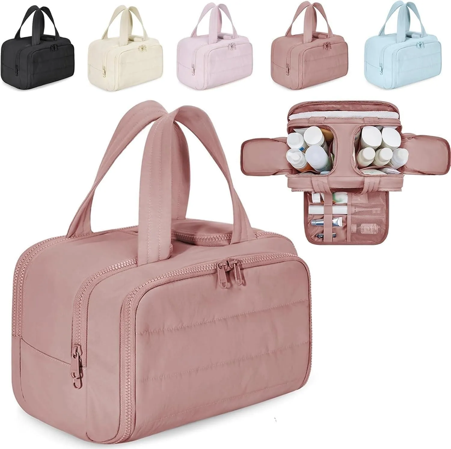 Naturaltly Large Capacity Wide-Open Travel Cosmetic Bag, Humidity Travel Cosmetic Bag, Puffy Cosmetic Makeup Bag Organizer with Handle for women Traveling Cosmetic Bags (Rose)