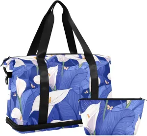 Nature Calla Lily Royal Blue Duffel Bags Overnight Carry On Tote and Luggage Sport Training Bag with Toiletry Bag for Hiking Large Capacity