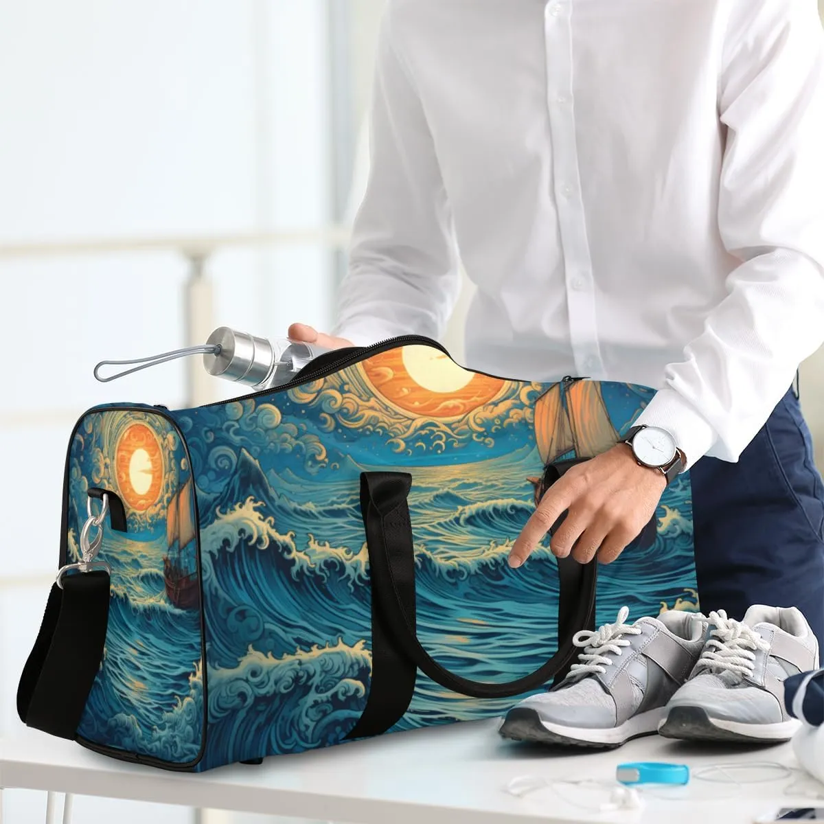 Nautical Sailboat Travel Duffle Bag for Women Men Gym Duffel Foldable Bag Waterproof Weekender Marine Ship Duffle Tote