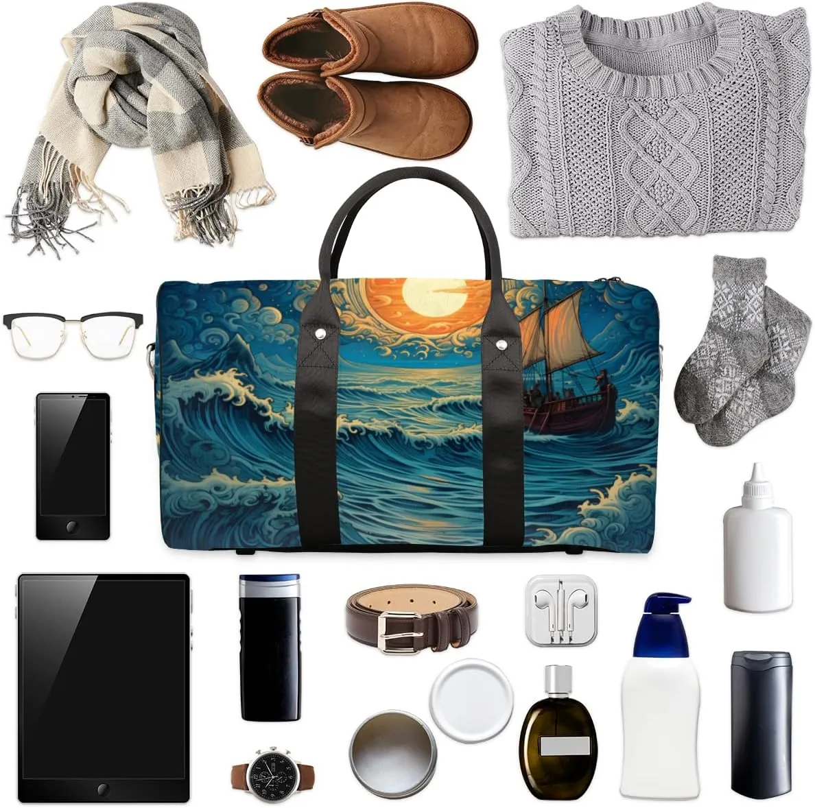 Nautical Sailboat Travel Duffle Bag for Women Men Gym Duffel Foldable Bag Waterproof Weekender Marine Ship Duffle Tote