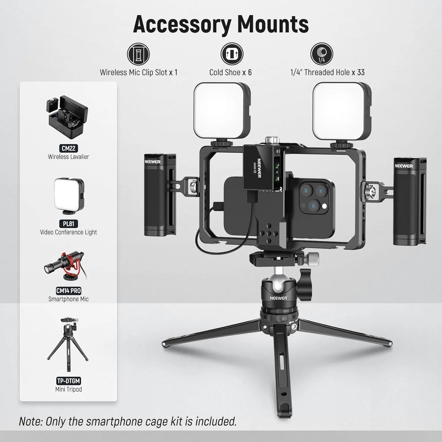 NEEWER Upgraded Phone Rig Vlogging Kit, Video Stabilizer with Dual Handle, Wireless Mic Clip Slot for Tiktok/YouTube, Compatible with SmallRig iPhone 16 15 14 Pro Max Plus 13 Galaxy S23, PA009