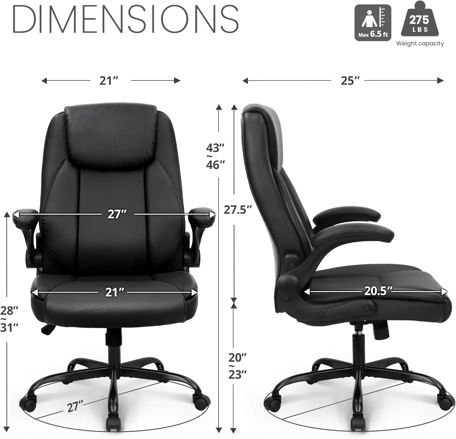 NEO CHAIR Ergonomic Office Desk Gaming Computer Chair Executive High Back Support Flip-up Arms Adjustable Height Swivel Rolling Wheels Comfy PU Leather for Home (Black)