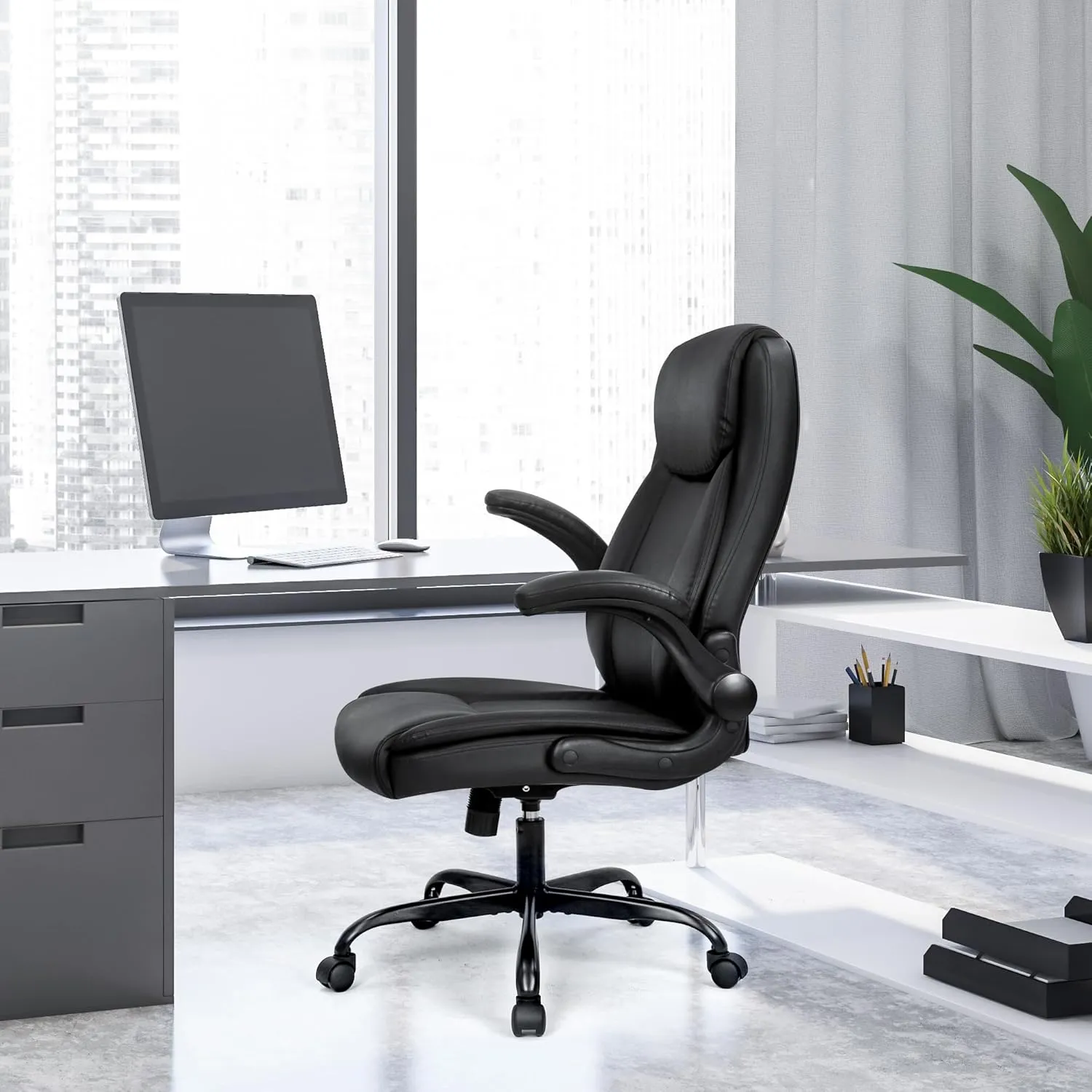 NEO CHAIR Ergonomic Office Desk Gaming Computer Chair Executive High Back Support Flip-up Arms Adjustable Height Swivel Rolling Wheels Comfy PU Leather for Home (Black)
