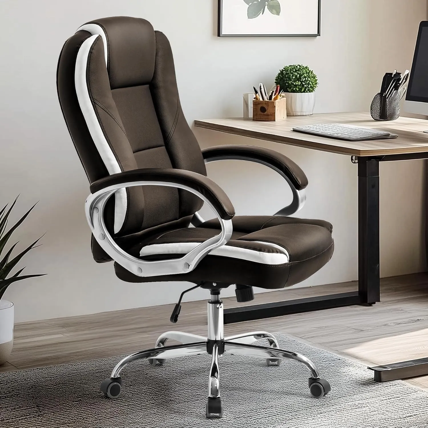 NEO CHAIR Office Desk Ergonomic Gaming Chair High Back Adjustable Computer Chair with Wheels and Lumbar Support Comfy Leather Executive Swivel (Brown)