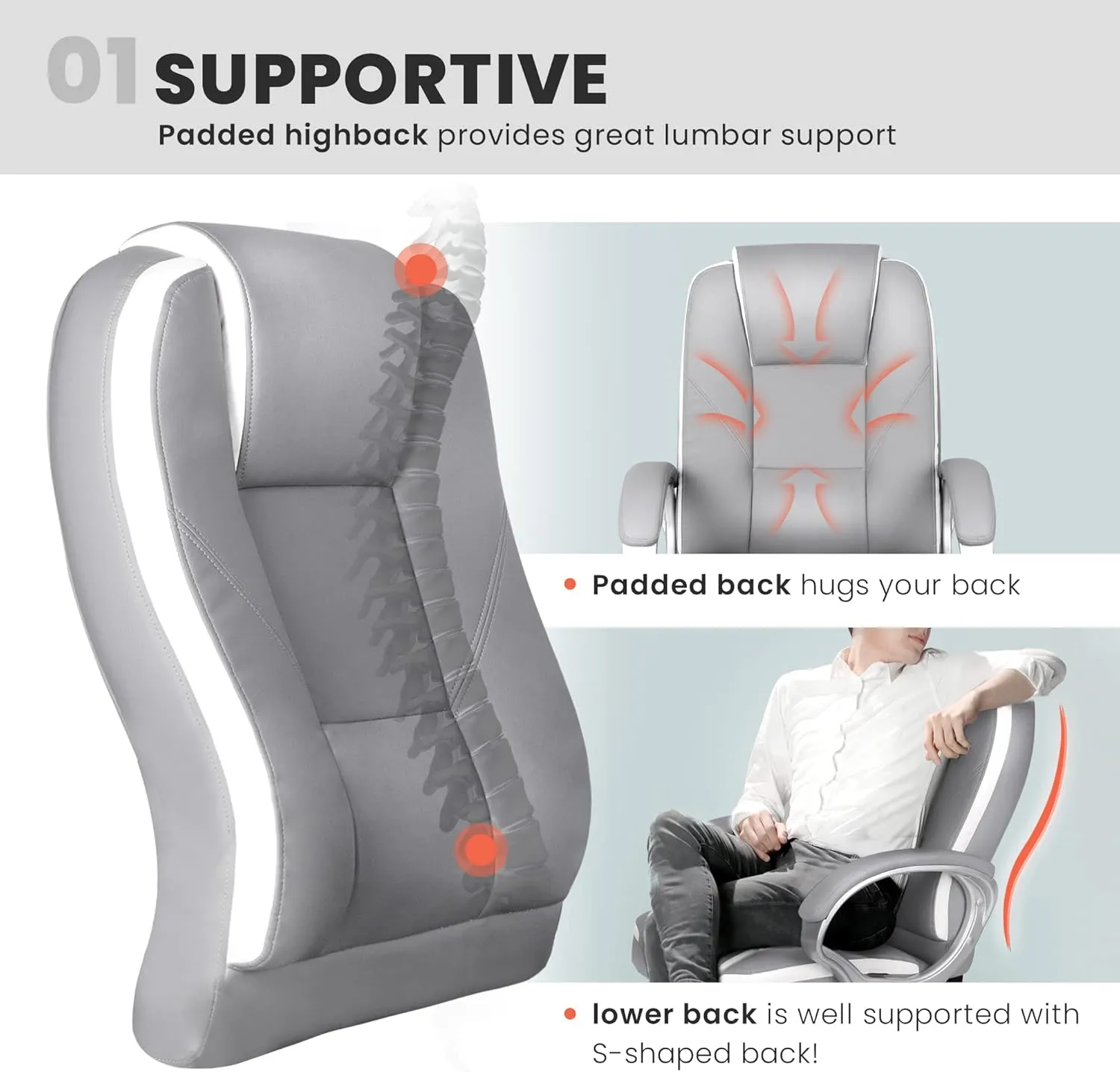 NEO CHAIR Office Desk Ergonomic Gaming Chair High Back Adjustable Computer Chair with Wheels and Lumbar Support Comfy Leather Executive Swivel (Grey)