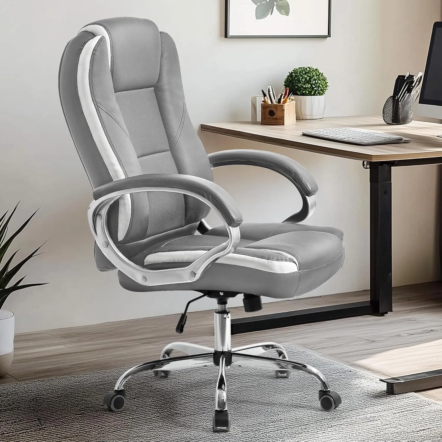 NEO CHAIR Office Desk Ergonomic Gaming Chair High Back Adjustable Computer Chair with Wheels and Lumbar Support Comfy Leather Executive Swivel (Grey)