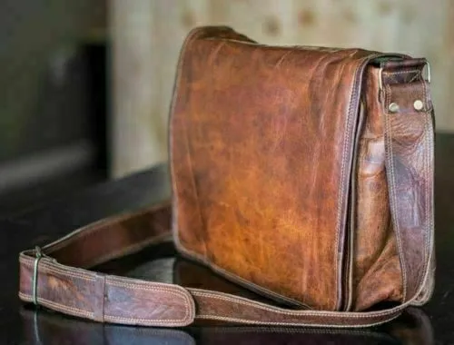 New LARGE 18" Men's Messenger Real Vintage Leather L Shoulder Satchel Laptop Bag / Size - 16 x 12 x 5 inches