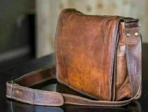 New LARGE 18" Men's Messenger Real Vintage Leather L Shoulder Satchel Laptop Bag / Size - 16 x 12 x 5 inches