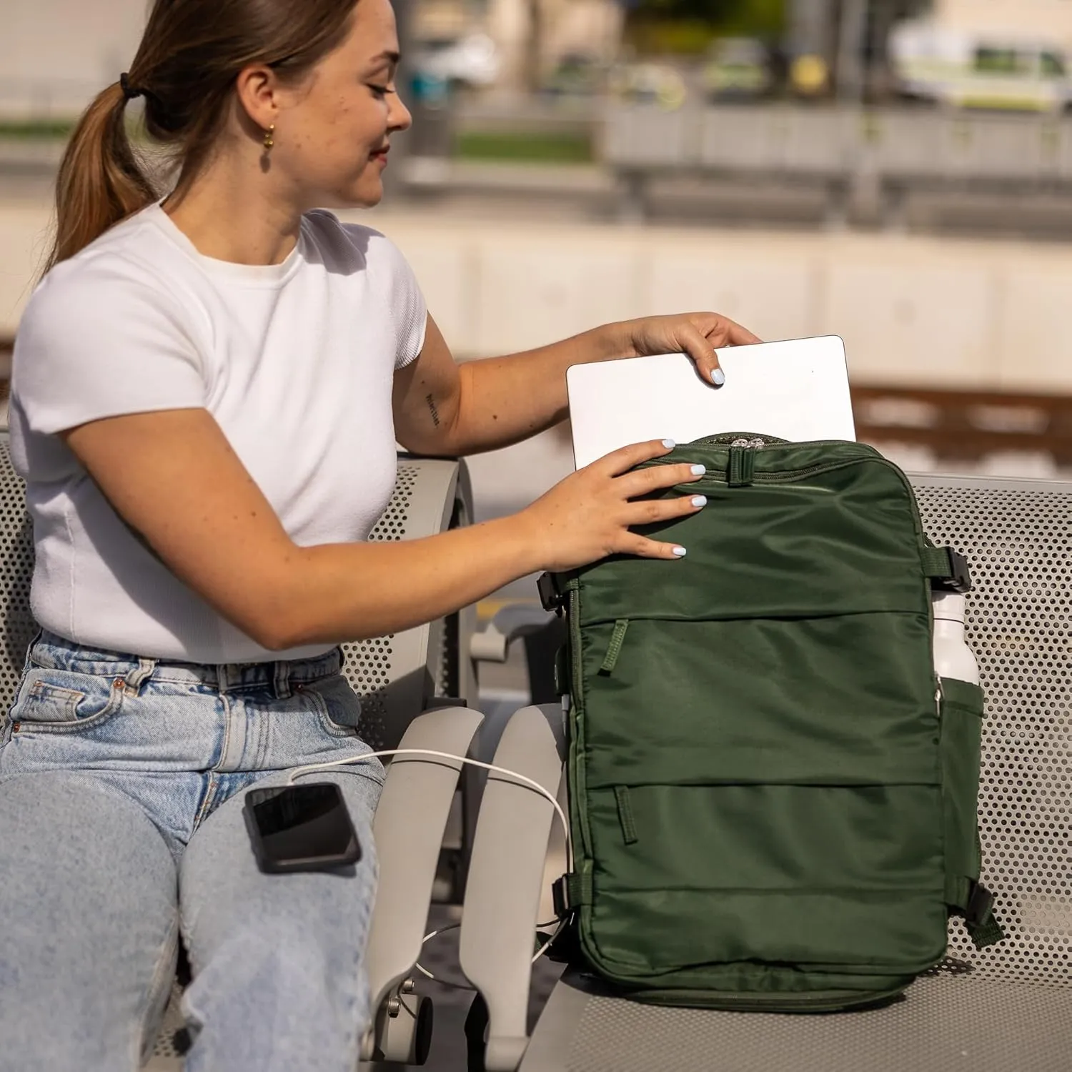 (Not Made In China) Travel Backpack For Men and Women, Airline Approved Carry On Bag w/Shoe Compartment, Fits 16 inch Laptop Computer, Personal Item Bag w/USB Charging Port (Columbus, Green, 1 Pack)