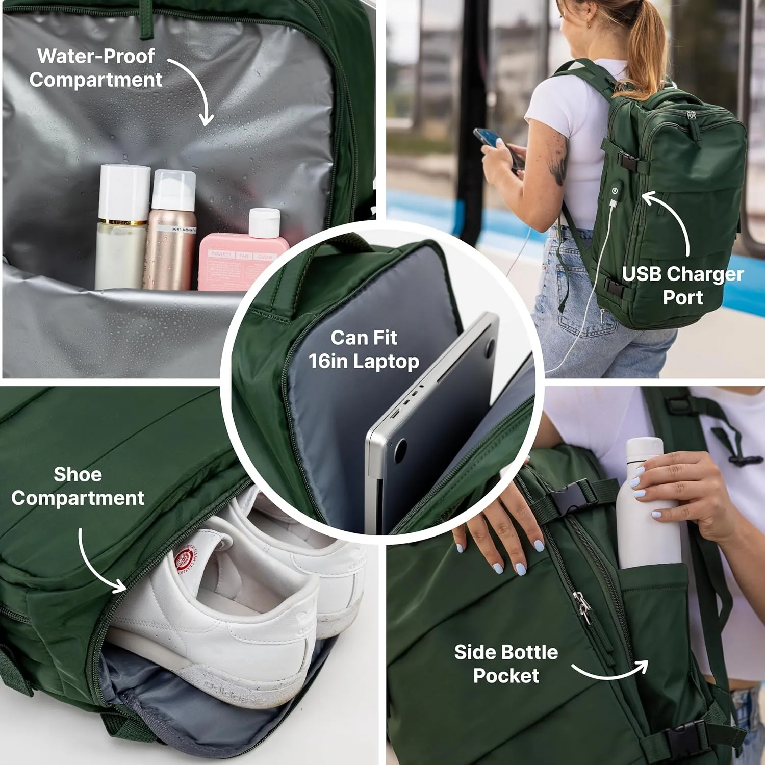 (Not Made In China) Travel Backpack For Men and Women, Airline Approved Carry On Bag w/Shoe Compartment, Fits 16 inch Laptop Computer, Personal Item Bag w/USB Charging Port (Columbus, Green, 1 Pack)