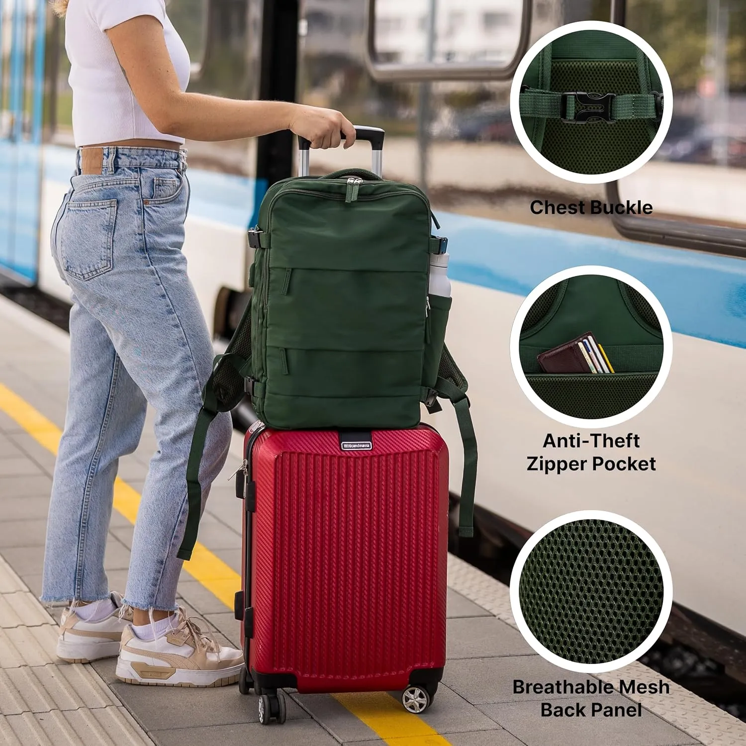 (Not Made In China) Travel Backpack For Men and Women, Airline Approved Carry On Bag w/Shoe Compartment, Fits 16 inch Laptop Computer, Personal Item Bag w/USB Charging Port (Columbus, Green, 1 Pack)