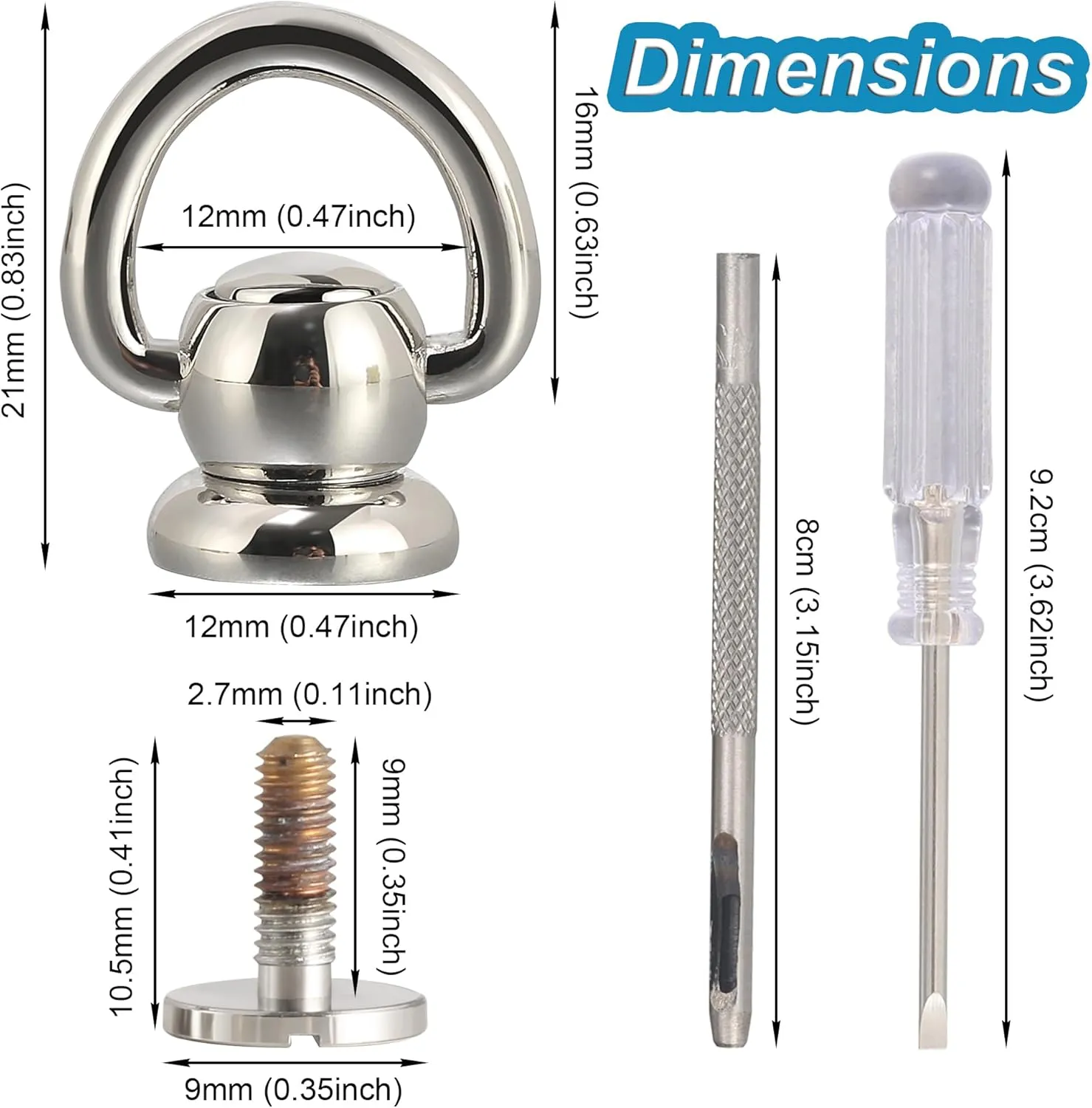 Notgia 4Pcs D Rings for Brass Rivets, Leather Rotatable Strap Hardware, Ball Button Studs, Chicago Screws - Handbag Purse Repair, Dog Collar, Leather Crafts (Silver)