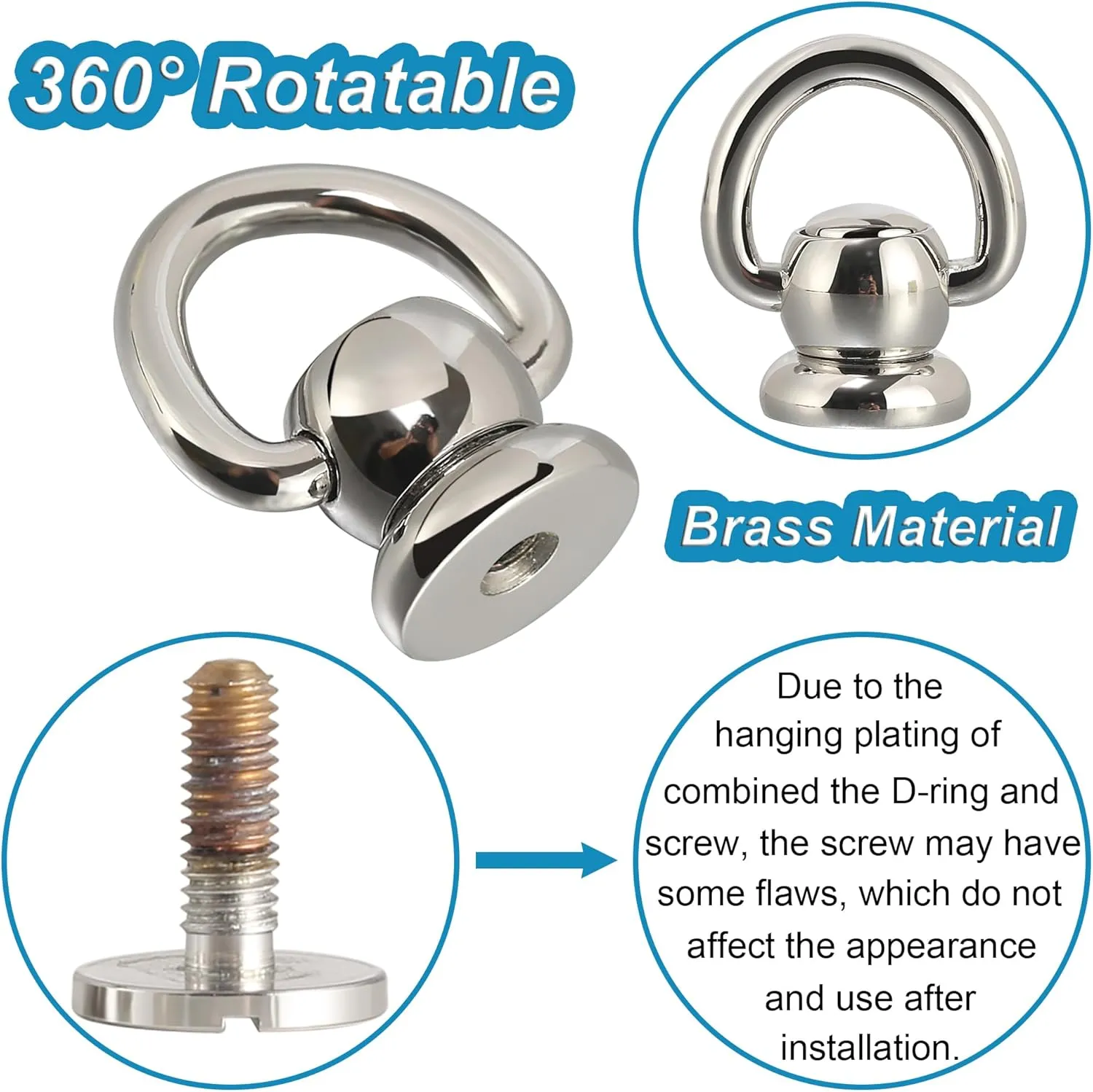 Notgia 4Pcs D Rings for Brass Rivets, Leather Rotatable Strap Hardware, Ball Button Studs, Chicago Screws - Handbag Purse Repair, Dog Collar, Leather Crafts (Silver)